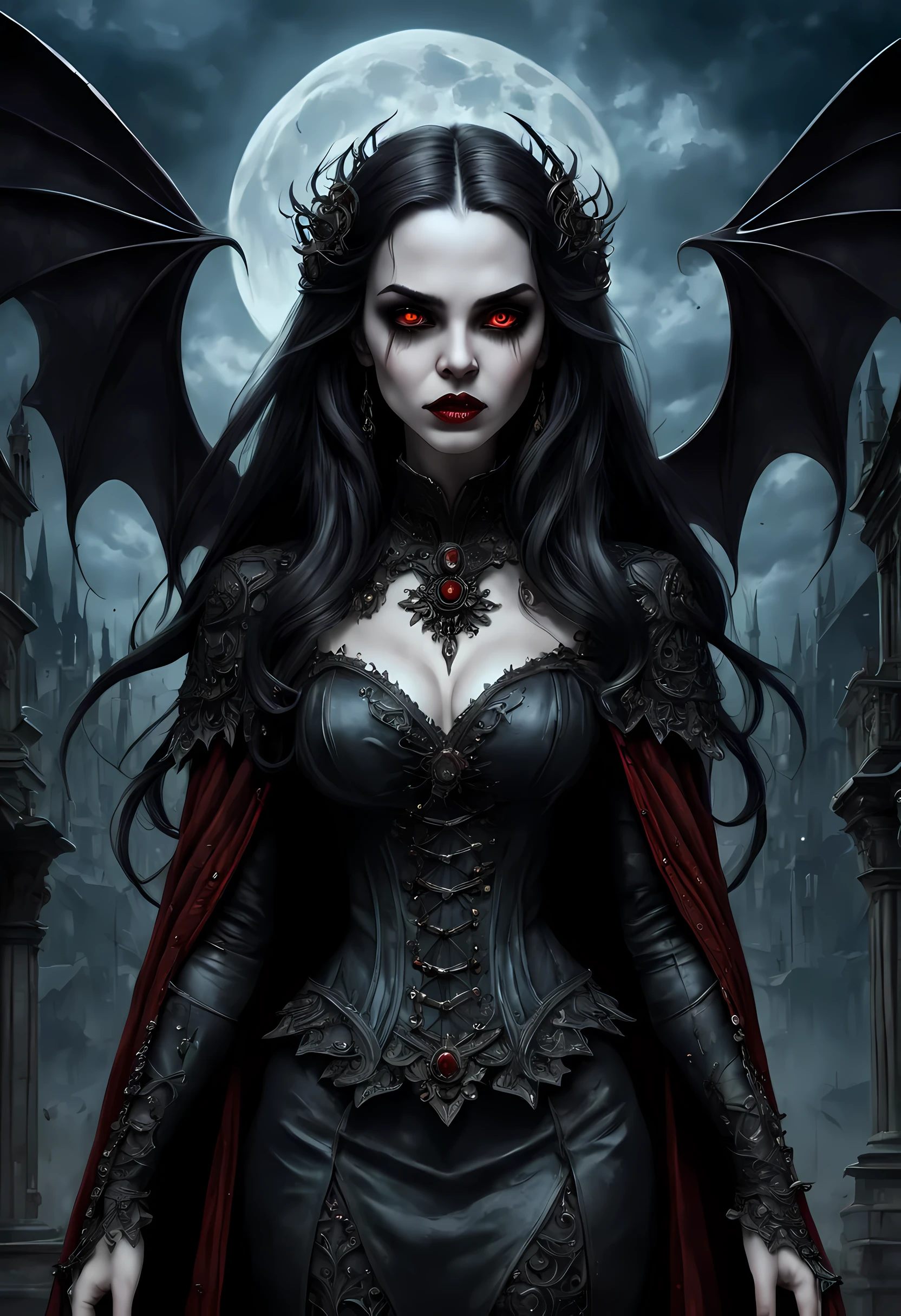 arafed, dark fantasy art, gothic art, (masterpiece:1.5), full body best details, highly detailed, best quality, highres, NeroV2, full body portrait of a vampire, elf (Masterpiece, best quality, ultra feminine: 1.5)  with a long curvy hair, dark color hair, red eyes (fantasy art, Masterpiece, best quality: 1.3), ((beautiful delicate face)), Ultra Detailed Face (intricate details, fantasy art, Masterpiece, best quality: 1.5), [visible vampiric fangs] (intricate details, fantasy art, Masterpiece, best quality: 1.5), [anatomically correct] red cloak, flowing cloak (intense details, fantasy art, Masterpiece, best quality: 1.3), wearing an intricate leather [white] dress (intricate details, gothic art, Masterpiece, best quality: 1.5), high heeled boots, blood dripping on lips, urban background (intense details, beat details), fantasy, at night light, natural ,moon light, soft moon light, moon rays, clouds, gothic atmosphere, gothic street background, bats flying in background, soft light, dynamic light, [[anatomically correct]], high details, best quality, 16k, [ultra detailed], masterpiece, best quality, (extremely detailed), dynamic angle, ultra wide shot, RAW, photorealistic