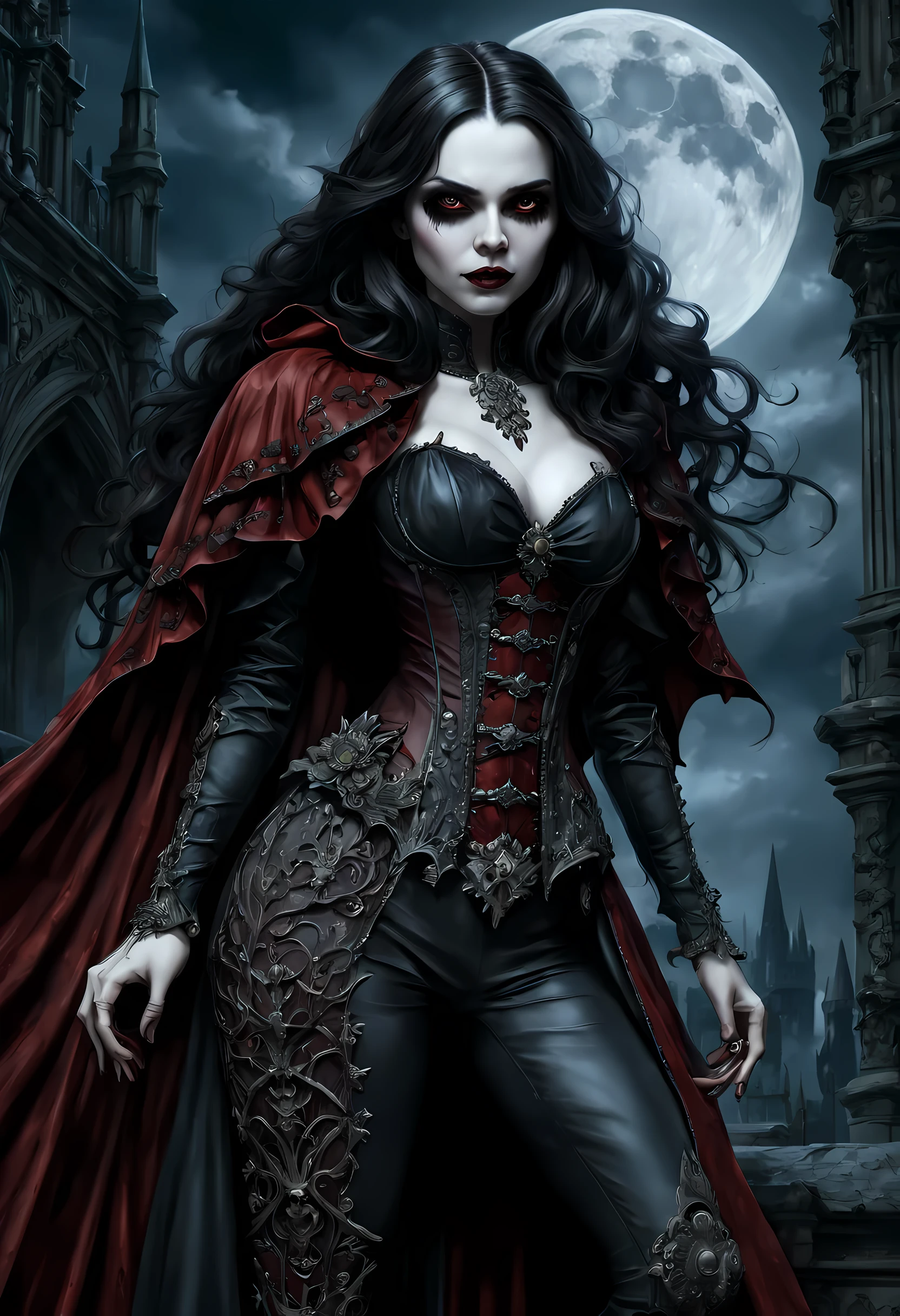 arafed, dark fantasy art, gothic art, (masterpiece:1.5), full body best details, highly detailed, best quality, highres, NeroV2, full body portrait of a vampire, elf (Masterpiece, best quality, ultra feminine: 1.5)  with a long curvy hair, dark color hair, red eyes (fantasy art, Masterpiece, best quality: 1.3), ((beautiful delicate face)), Ultra Detailed Face (intricate details, fantasy art, Masterpiece, best quality: 1.5), [visible vampiric fangs] (intricate details, fantasy art, Masterpiece, best quality: 1.5), [anatomically correct] red cloak, flowing cloak (intense details, fantasy art, Masterpiece, best quality: 1.3), wearing an intricate leather [white] dress (intricate details, gothic art, Masterpiece, best quality: 1.5), high heeled boots, blood dripping on lips, urban background (intense details, beat details), fantasy, at night light, natural ,moon light, soft moon light, moon rays, clouds, gothic atmosphere, gothic street background, bats flying in background, soft light, dynamic light, [[anatomically correct]], high details, best quality, 16k, [ultra detailed], masterpiece, best quality, (extremely detailed), dynamic angle, ultra wide shot, RAW, photorealistic