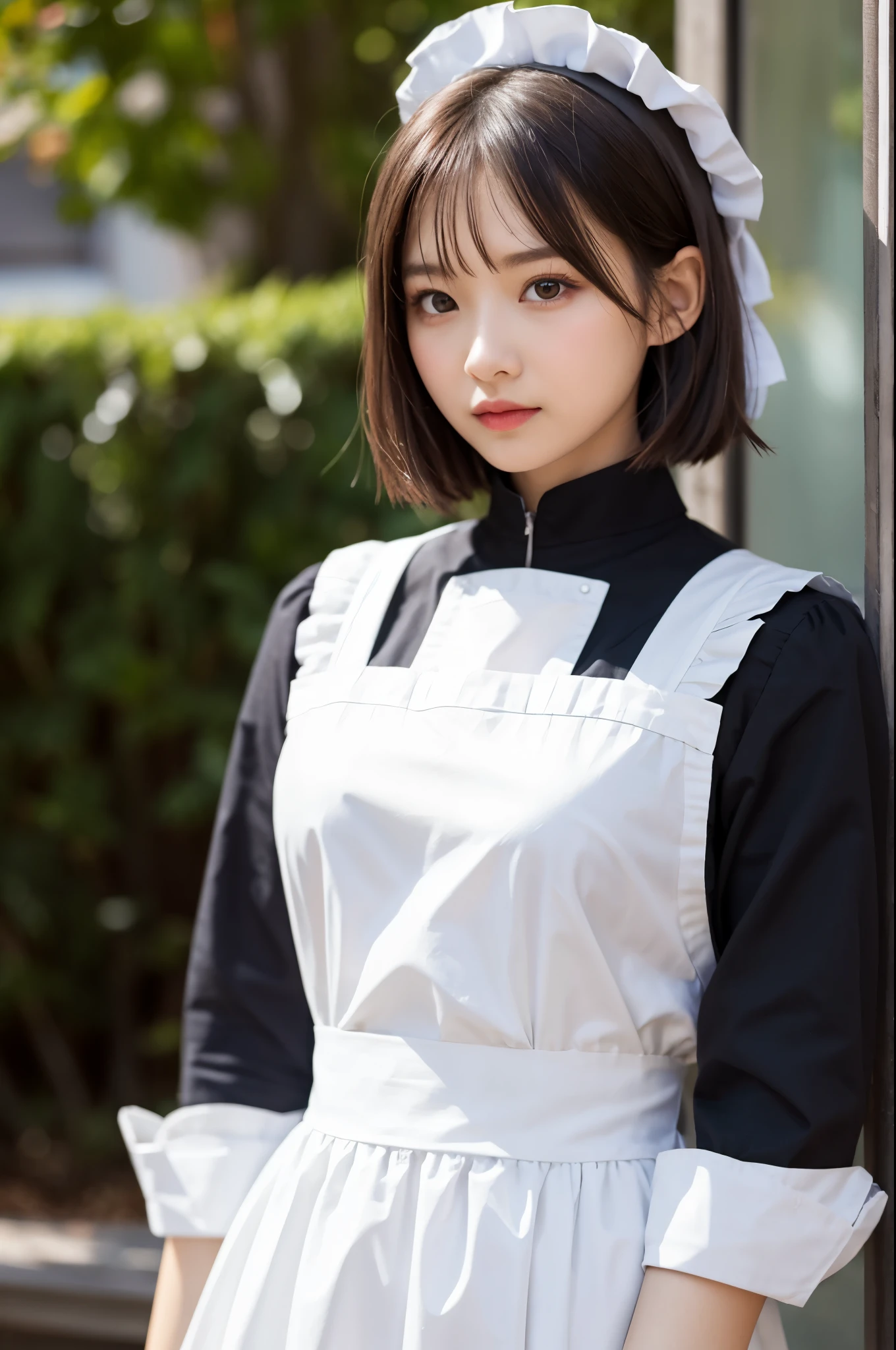 Best image quality, Focus, Soft light, Black hair, (Japanese)), (((Front, ))), (Depth of field), Ultra high resolution, (Real: 1.4), RAW photo, ((maid costume)), smiling face
