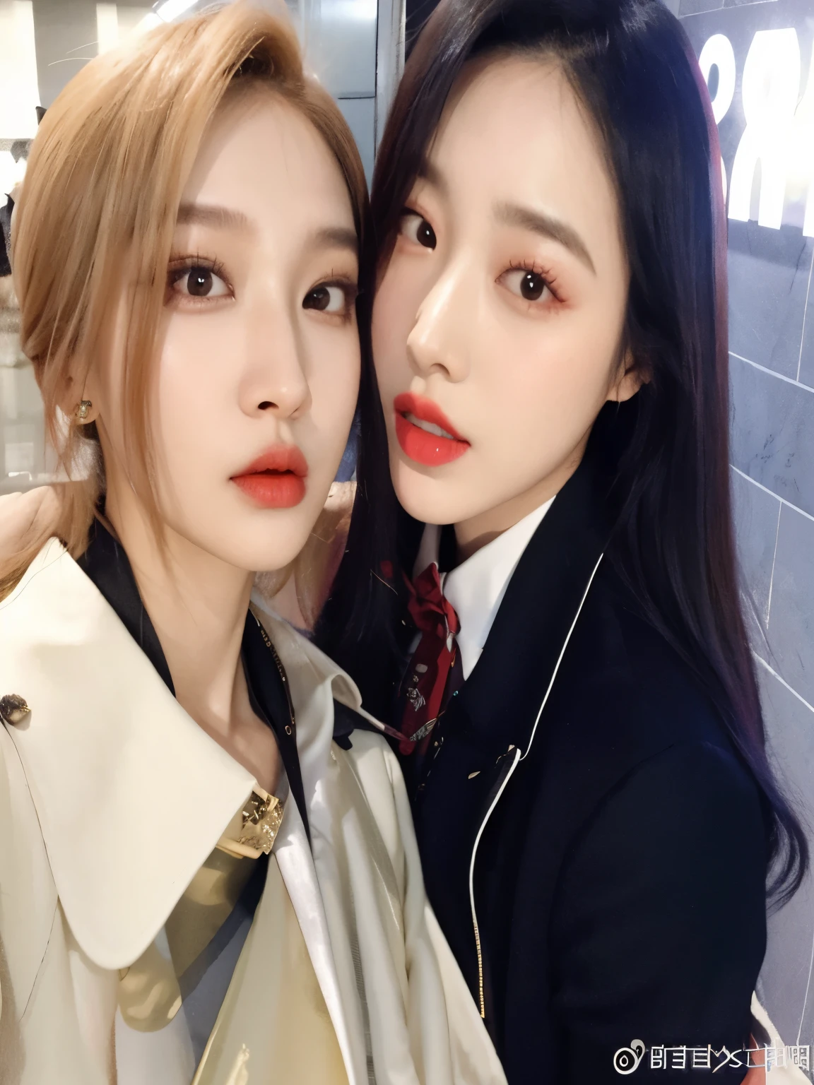 There are two women who are posing together for a photo, kda y sam que, nixeu y sakimichan, con hiedra, ambos tienen labios rojos, tzuyu de dos veces, ulzzang, Ruan Jia y Fenghua Zhong, jaeyeon nam, con negro, Jinyoung Shin, sol yunjoo, jia