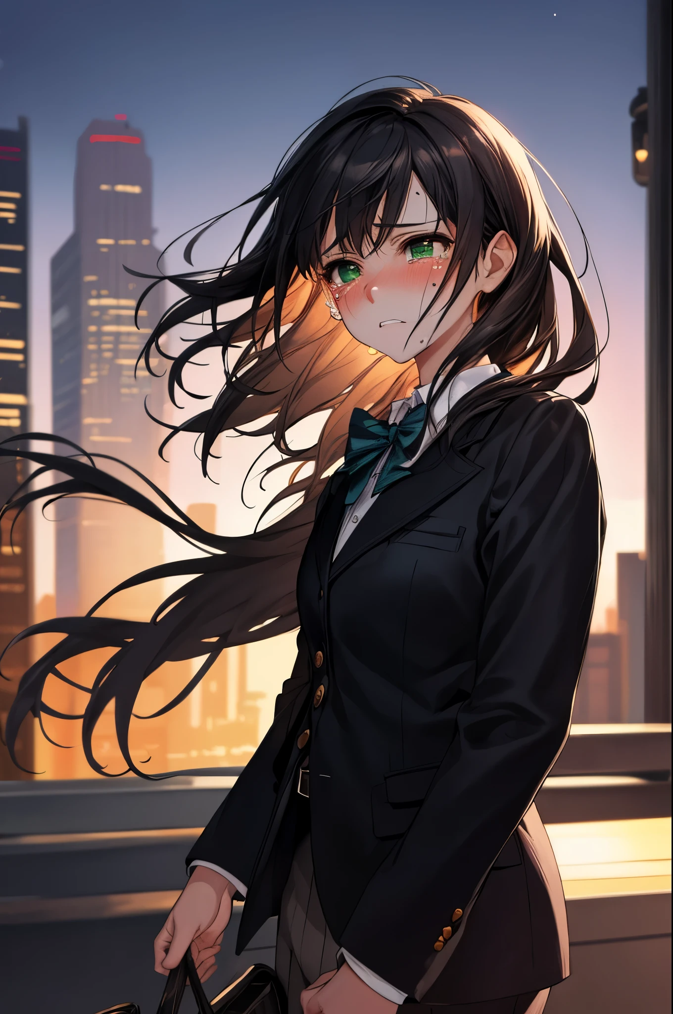masterpiece, highest quality女の子1名, mature woman, green eyes、blue blazer, Formal shirts, belt, bow, highest quality, hire, detailed face,cityscape at night, detailed background, Depth of written boundary, Bokeh,black long hair、walk together,groan of pain、Feel pain、tears flow、it hurts、cry in pain、I'Iは怖くて泣いています、covered in tears to relieve the pain、groan of pain、