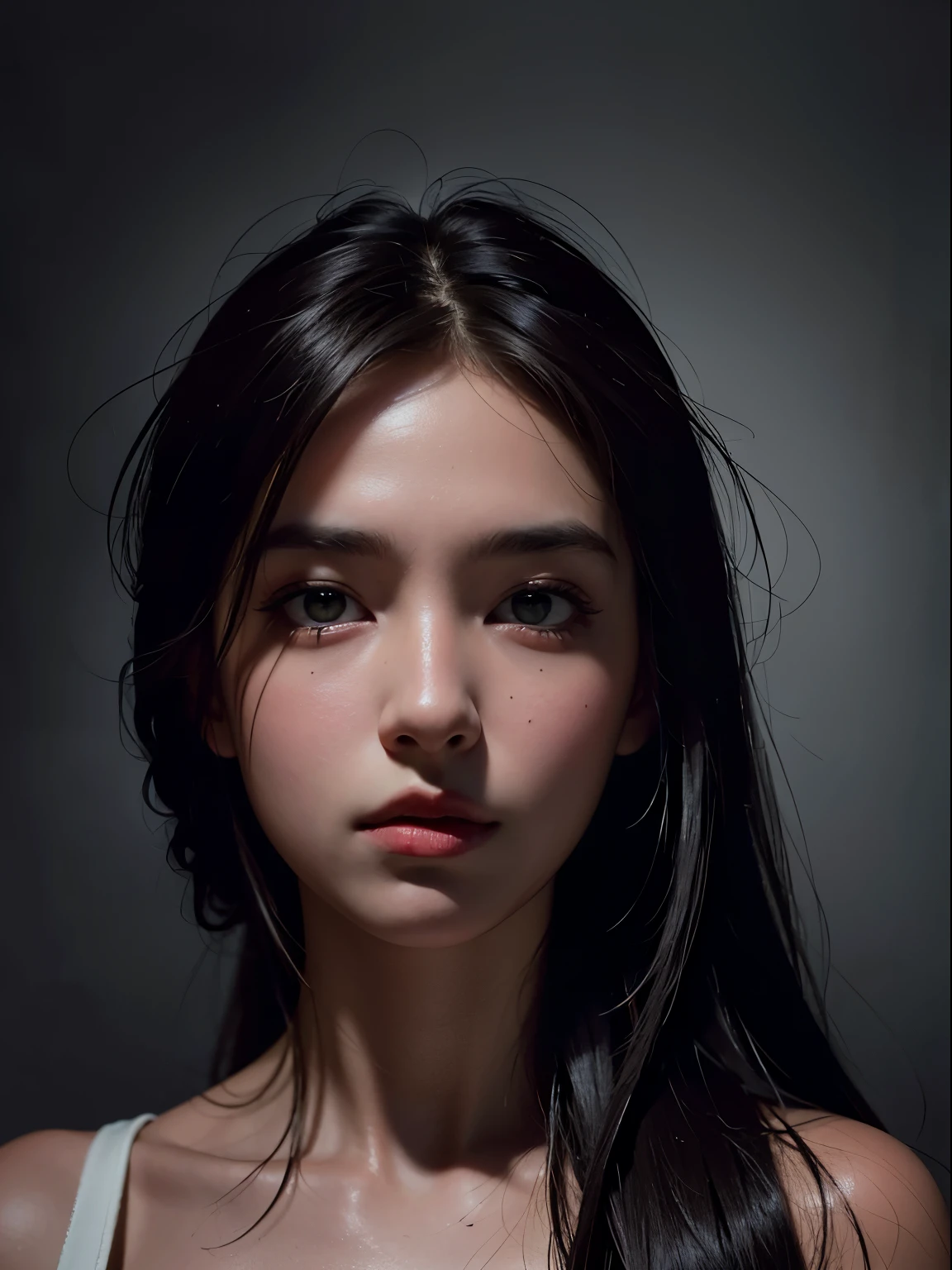 Best quality, masterpiece, ultra high res, (photorealistic:1.4), raw photo, 1girl, offshoulder, in the dark, deep shadow, low key, cold light