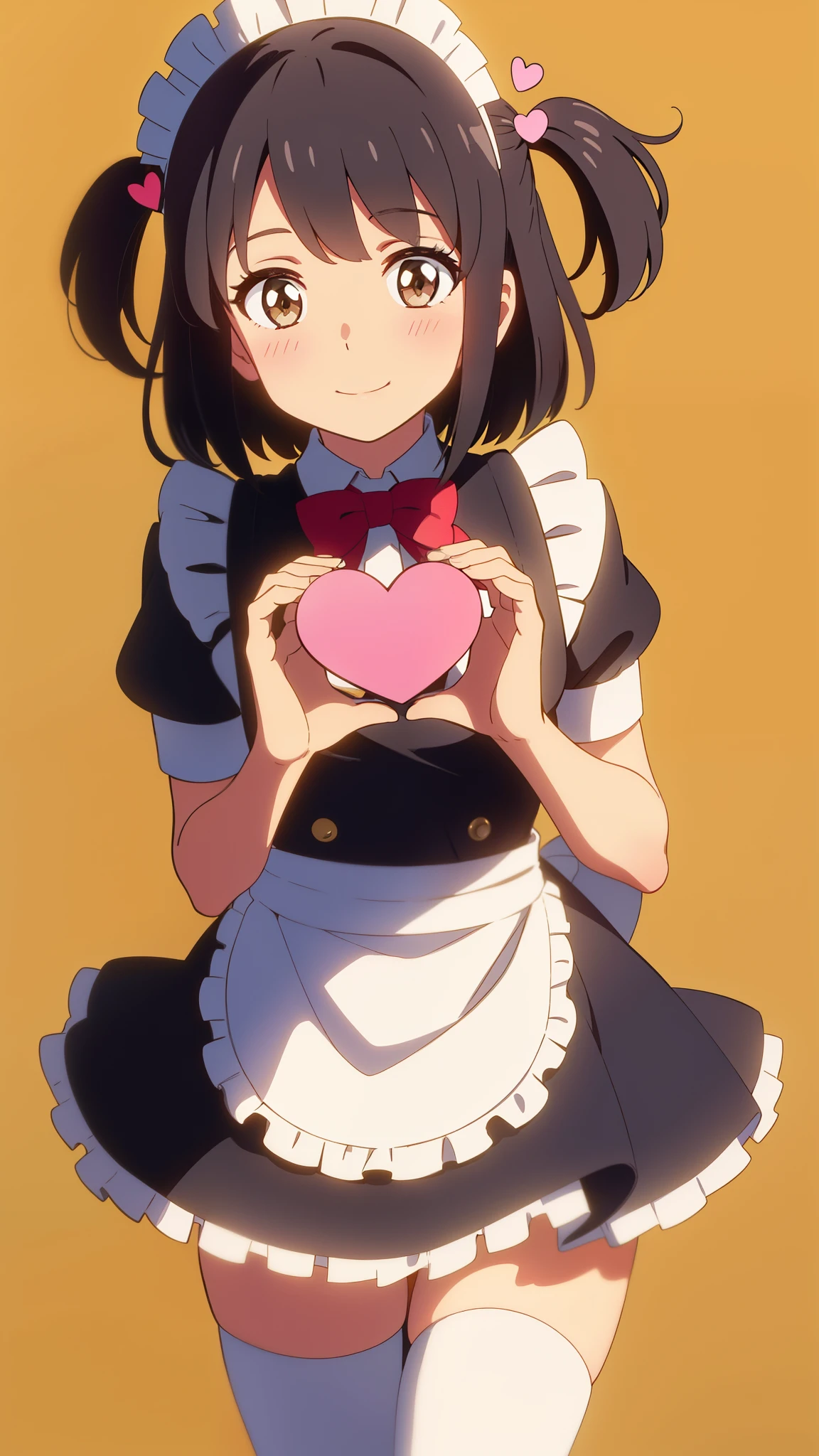 shinkai makoto, kimi no na wa., 1girl, bangs, black hair, blush, brown eyes, shiny skin, cute, smile, short hair, looking at the viewer, maid, maid apron, maid headdress, apron, bow, dress, short dress, frills, hair ornament, heart, heart hands, perfect hands, perfect fingers, Off-the-shoulders, one side up, solo, thighhighs, valentine background