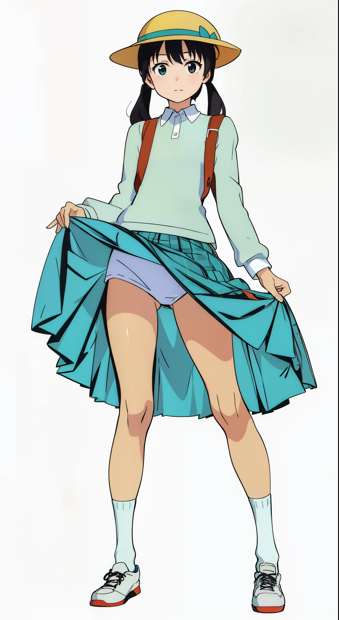 (white background:1.0), (best quality:1.0), (masterpiece:1.0), (super fine illustration:1.0), (beautiful artwork:1.0), (anime screencap:1.0), (official art:1.0), (full body:1.0), (solo:1.0), (ESGA:1.0), (a cute girl:1.0), (yellow hat:1.0), (red backpack:1.0), (long skirt:1.0), (green tartan skirt:1.0), (pleated skirt:1.0), (aqua blue polo shirt:1.0), (long sleeve polo shirt:1.0), (sneakers:1.0), (white socks:1.0), (ideal ratio body proportions:1.0), (lanky:1.0), (tall:1.0), (slender:1.0), (small breasts:1.0), (smaller face:1.0), (tareme:1.0), (detailed beautiful eyes:1.0), (detailed beautiful face:1.0), (glowing black eyes:1.0), (short hair:1.0), (low twintails:1.0), (black hair:1.0), (standing:1.0), (looking at viewer:1.0)