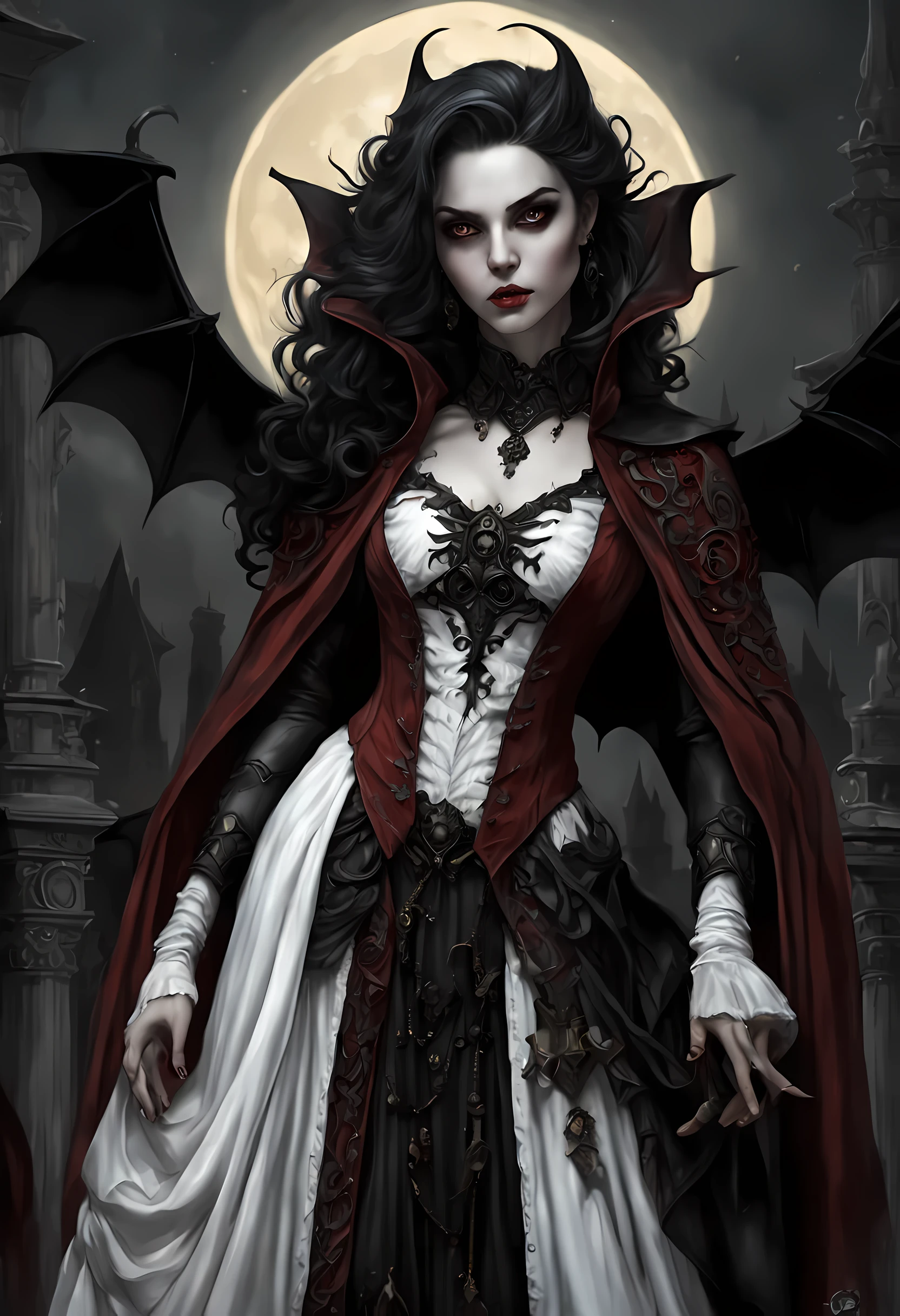 arafed, dark fantasy art, gothic art, (masterpiece:1.5), full body best details, highly detailed, best quality, highres, NeroV2, full body portrait of a vampire, elf (Masterpiece, best quality, ultra feminine: 1.5)  with a long curvy hair, dark color hair, red eyes (fantasy art, Masterpiece, best quality: 1.3), ((beautiful delicate face)), Ultra Detailed Face (intricate details, fantasy art, Masterpiece, best quality: 1.5), [visible vampiric fangs] (intricate details, fantasy art, Masterpiece, best quality: 1.5), [anatomically correct] red cloak, flowing cloak (intense details, fantasy art, Masterpiece, best quality: 1.3), wearing an intricate leather [white] dress (intricate details, gothic art, Masterpiece, best quality: 1.5), high heeled boots, blood dripping on lips, urban background (intense details, beat details), fantasy, at night light, natural ,moon light, soft moon light, moon rays, clouds, gothic atmosphere, gothic street background, bats flying in background, soft light, dynamic light, [[anatomically correct]], high details, best quality, 16k, [ultra detailed], masterpiece, best quality, (extremely detailed), dynamic angle, ultra wide shot, RAW, photorealistic