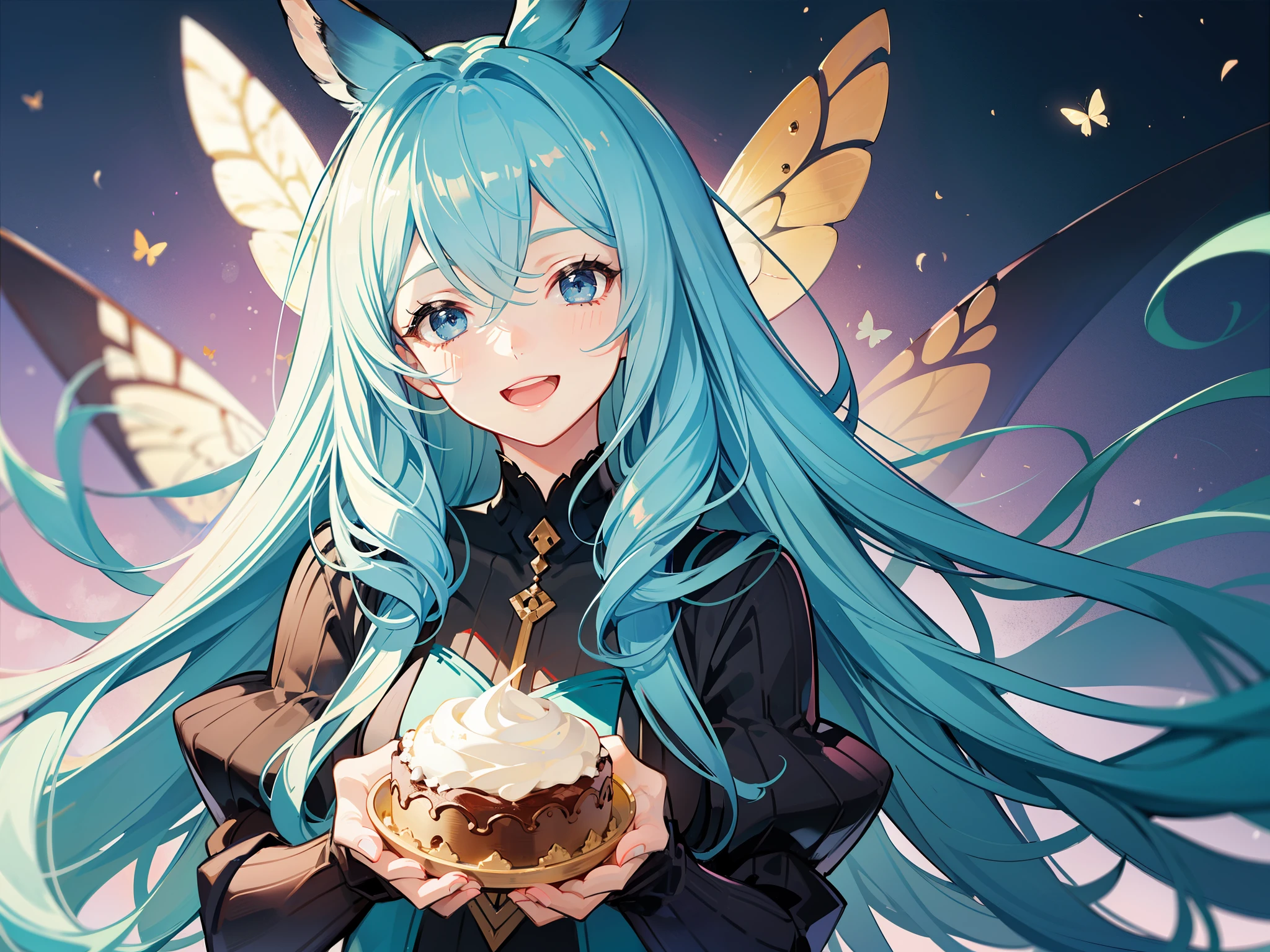 rating:safe, long_hair, solo, 1girl, open_mouth, smile, striped, striped_background, blush, very_long_hair, looking_at_viewer, :d, lyria_(granblue_fantasy), star_(symbol), blue_eyes, long_sleeves, holding_clothes, upper_body, holding, blue_hair, insect, butterfly, diagonal_stripes, aqua_eyes, bug