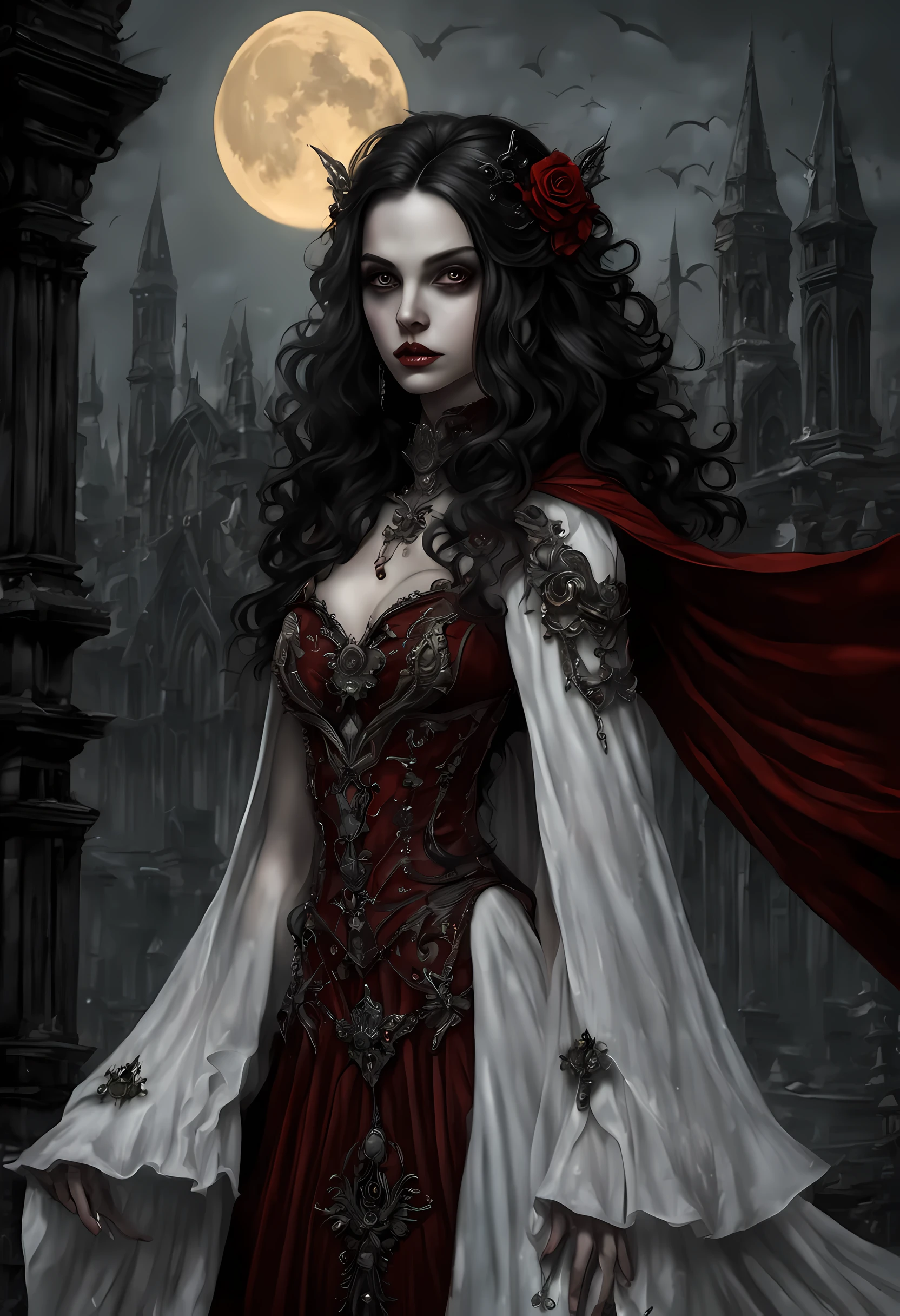 arafed, dark fantasy art, gothic art, (masterpiece:1.5), full body best details, highly detailed, best quality, highres, NeroV2, full body portrait of a vampire, elf (Masterpiece, best quality, ultra feminine: 1.5)  with a long curvy hair, dark color hair, red eyes (fantasy art, Masterpiece, best quality: 1.3), ((beautiful delicate face)), Ultra Detailed Face (intricate details, fantasy art, Masterpiece, best quality: 1.5), [visible vampiric fangs] (intricate details, fantasy art, Masterpiece, best quality: 1.5), [anatomically correct] red cloak, flowing cloak (intense details, fantasy art, Masterpiece, best quality: 1.3), wearing an intricate leather [white] dress (intricate details, gothic art, Masterpiece, best quality: 1.5), high heeled boots, blood dripping on lips, urban background (intense details, beat details), fantasy, at night light, natural ,moon light, soft moon light, moon rays, clouds, gothic atmosphere, gothic street background, bats flying in background, soft light, dynamic light, [[anatomically correct]], high details, best quality, 16k, [ultra detailed], masterpiece, best quality, (extremely detailed), dynamic angle, ultra wide shot, RAW, photorealistic