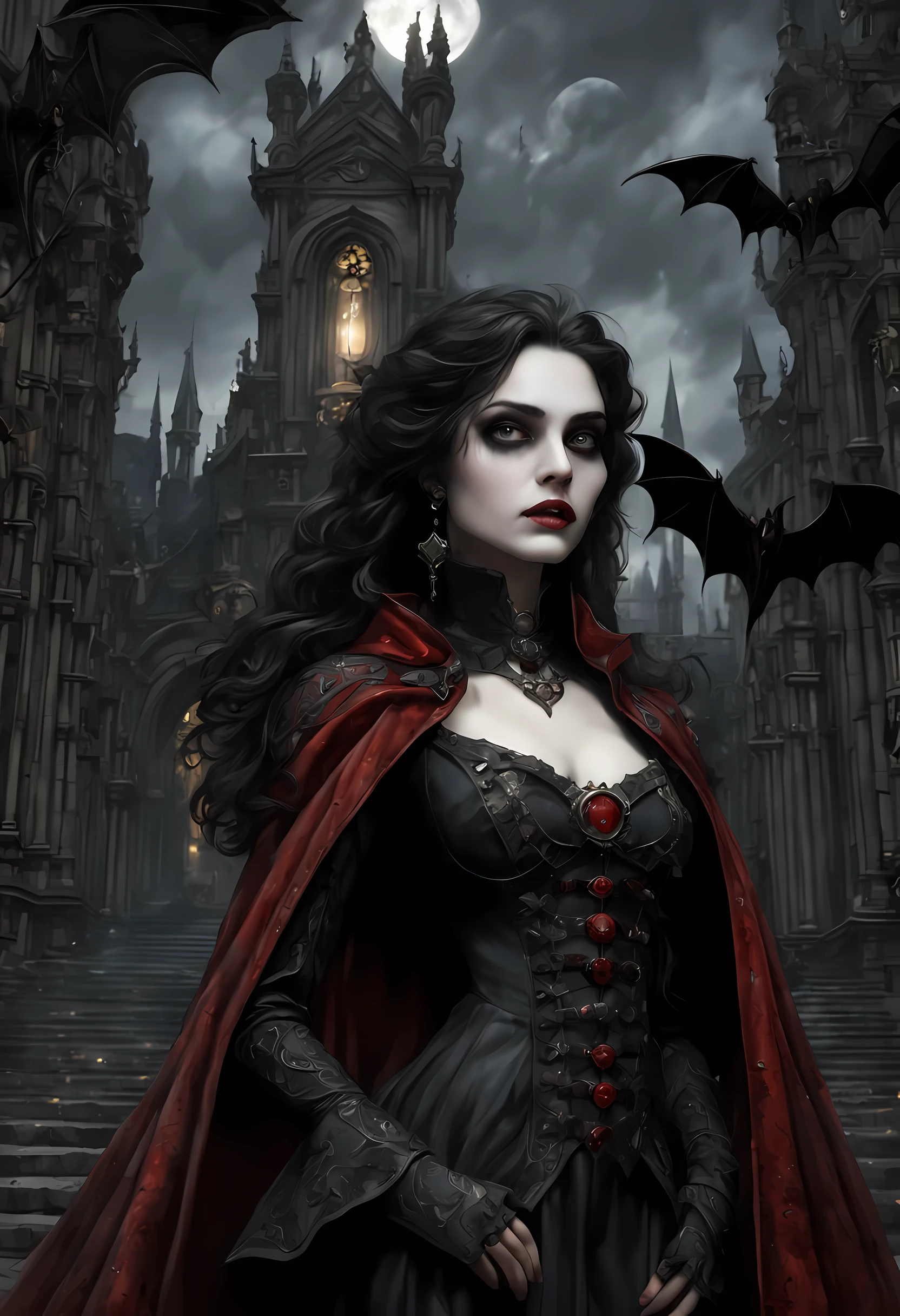 arafed, dark fantasy art, gothic art, (masterpiece:1.5), full body best details, highly detailed, best quality, highres, NeroV2, full body portrait of a vampire, elf (Masterpiece, best quality, ultra feminine: 1.5)  with a long curvy hair, dark color hair, red eyes (fantasy art, Masterpiece, best quality: 1.3), ((beautiful delicate face)), Ultra Detailed Face (intricate details, fantasy art, Masterpiece, best quality: 1.5), [visible vampiric fangs] (intricate details, fantasy art, Masterpiece, best quality: 1.5), [anatomically correct] red cloak, flowing cloak (intense details, fantasy art, Masterpiece, best quality: 1.3), wearing an intricate leather [white] dress (intricate details, gothic art, Masterpiece, best quality: 1.5), high heeled boots, blood dripping on lips, urban background (intense details, beat details), fantasy, at night light, natural ,moon light, soft moon light, moon rays, clouds, gothic atmosphere, gothic street background, bats flying in background, soft light, dynamic light, [[anatomically correct]], high details, best quality, 16k, [ultra detailed], masterpiece, best quality, (extremely detailed), dynamic angle, ultra wide shot, RAW, photorealistic