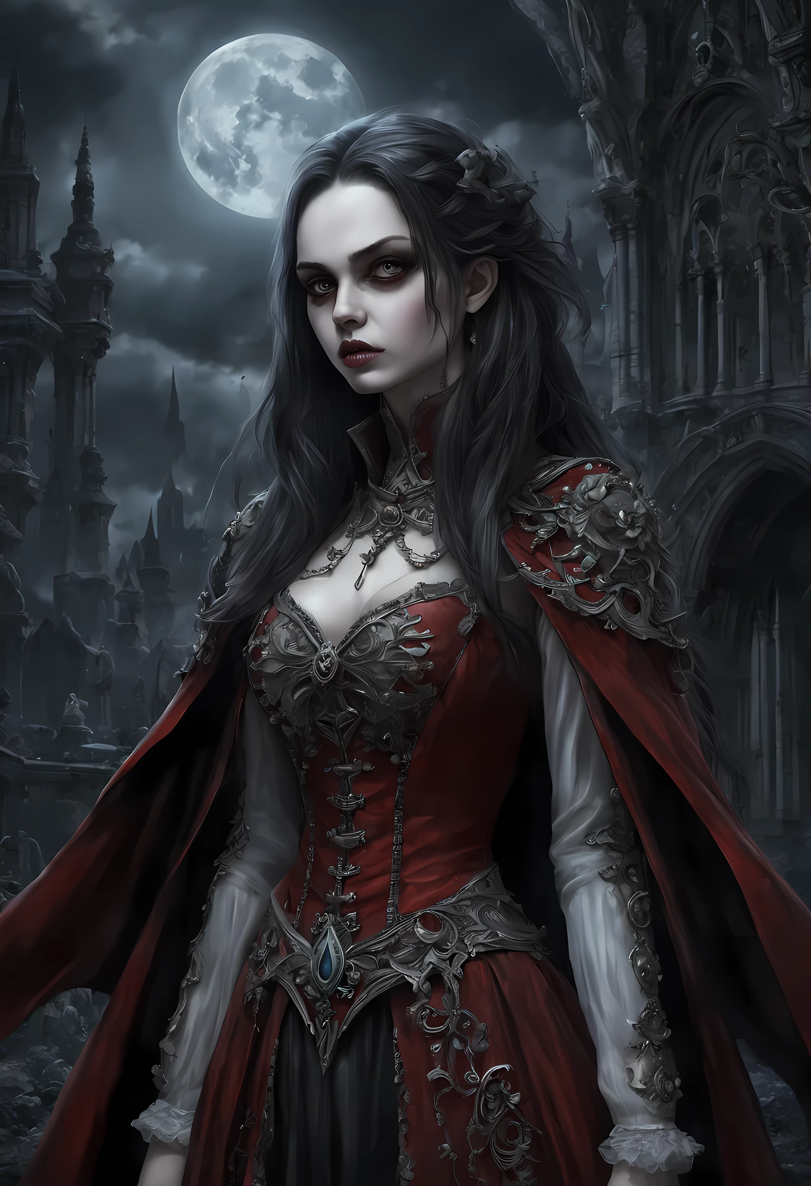 arafed, dark fantasy art, gothic art, (masterpiece:1.5), full body best details, highly detailed, best quality, highres, NeroV2, full body portrait of a vampire, elf (Masterpiece, best quality, ultra feminine: 1.5)  with a long curvy hair, dark color hair, red eyes (fantasy art, Masterpiece, best quality: 1.3), ((beautiful delicate face)), Ultra Detailed Face (intricate details, fantasy art, Masterpiece, best quality: 1.5), [visible vampiric fangs] (intricate details, fantasy art, Masterpiece, best quality: 1.5), [anatomically correct] red cloak, flowing cloak (intense details, fantasy art, Masterpiece, best quality: 1.3), wearing an intricate leather [white] dress (intricate details, gothic art, Masterpiece, best quality: 1.5), high heeled boots, blood dripping on lips, urban background (intense details, beat details), fantasy, at night light, natural ,moon light, soft moon light, moon rays, clouds, gothic atmosphere, gothic street background, bats flying in background, soft light, dynamic light, [[anatomically correct]], high details, best quality, 16k, [ultra detailed], masterpiece, best quality, (extremely detailed), dynamic angle, ultra wide shot, RAW, photorealistic