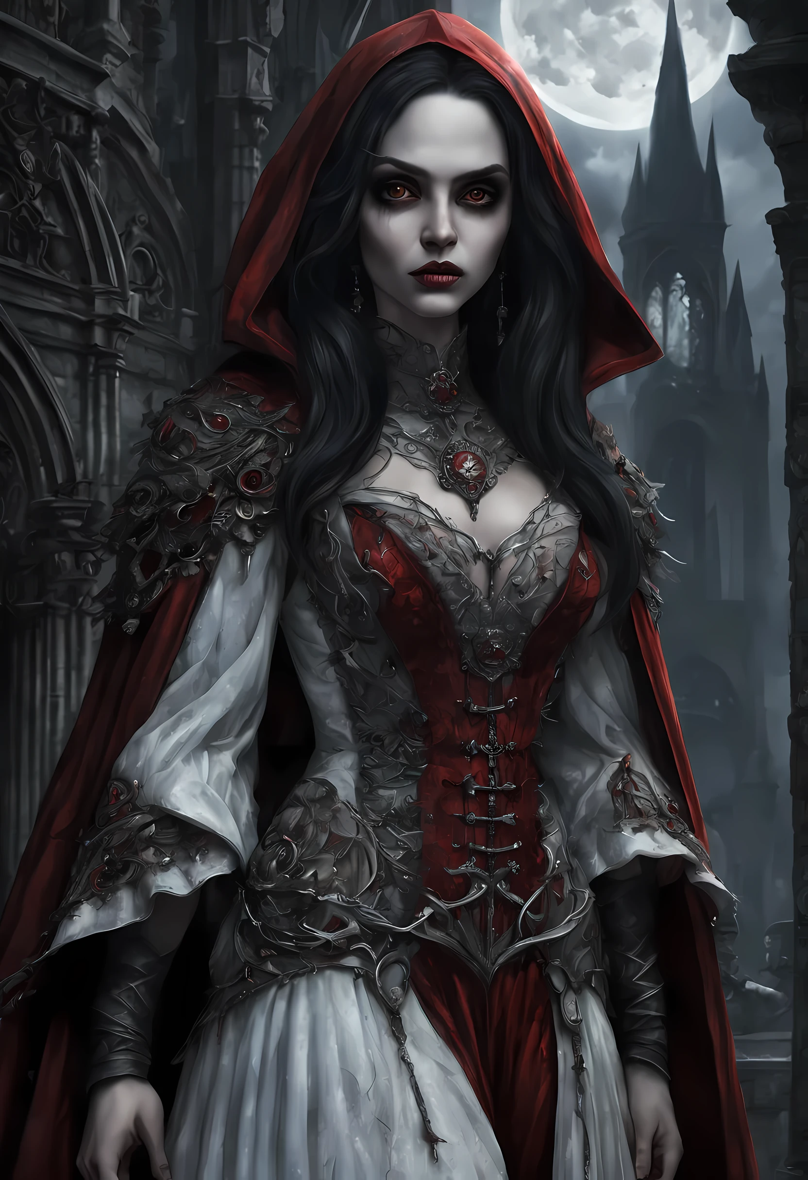 arafed, dark fantasy art, gothic art, (masterpiece:1.5), full body best details, highly detailed, best quality, highres, NeroV2, full body portrait of a vampire, elf (Masterpiece, best quality, ultra feminine: 1.5)  with a long curvy hair, dark color hair, red eyes (fantasy art, Masterpiece, best quality: 1.3), ((beautiful delicate face)), Ultra Detailed Face (intricate details, fantasy art, Masterpiece, best quality: 1.5), [visible vampiric fangs] (intricate details, fantasy art, Masterpiece, best quality: 1.5), [anatomically correct] red cloak, flowing cloak (intense details, fantasy art, Masterpiece, best quality: 1.3), wearing an intricate leather [white] dress (intricate details, gothic art, Masterpiece, best quality: 1.5), high heeled boots, blood dripping on lips, urban background (intense details, beat details), fantasy, at night light, natural ,moon light, soft moon light, moon rays, clouds, gothic atmosphere, gothic street background, bats flying in background, soft light, dynamic light, [[anatomically correct]], high details, best quality, 16k, [ultra detailed], masterpiece, best quality, (extremely detailed), dynamic angle, ultra wide shot, RAW, photorealistic