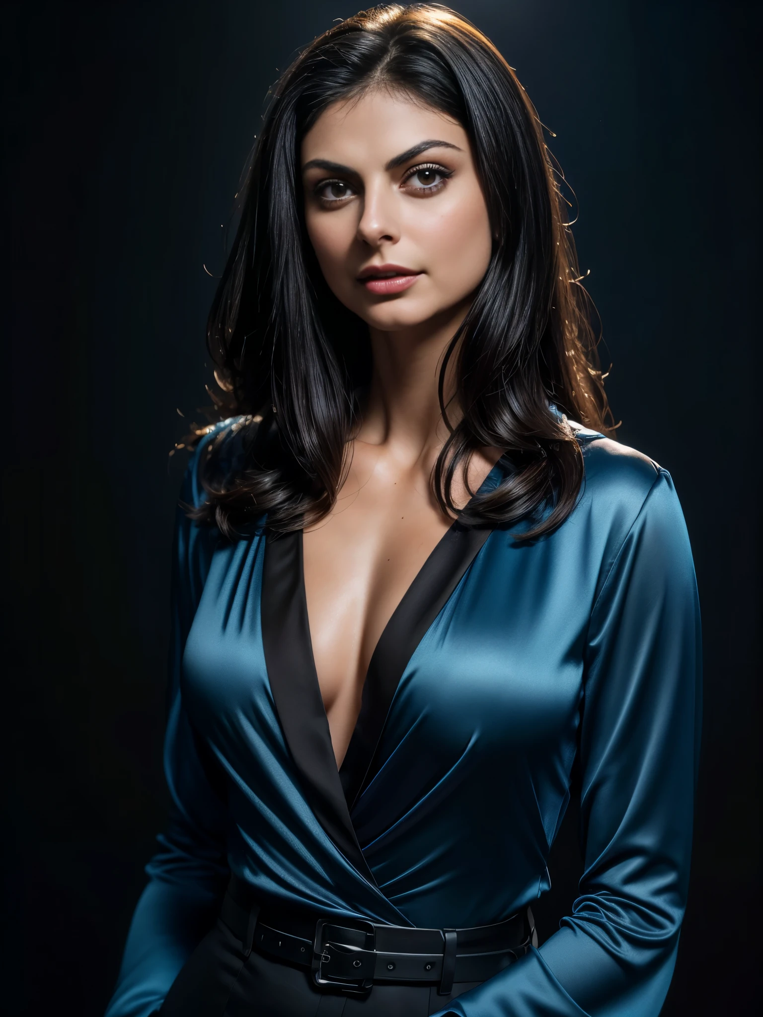 RAW photo of woman (Morena Baccarin),portrait, blue satin blouse, black hair, makeup, blue blouse, black background,(high detailed skin:1.2), 8k uhd, dslr, soft lighting, high quality, film grain, Fujifilm XT3,