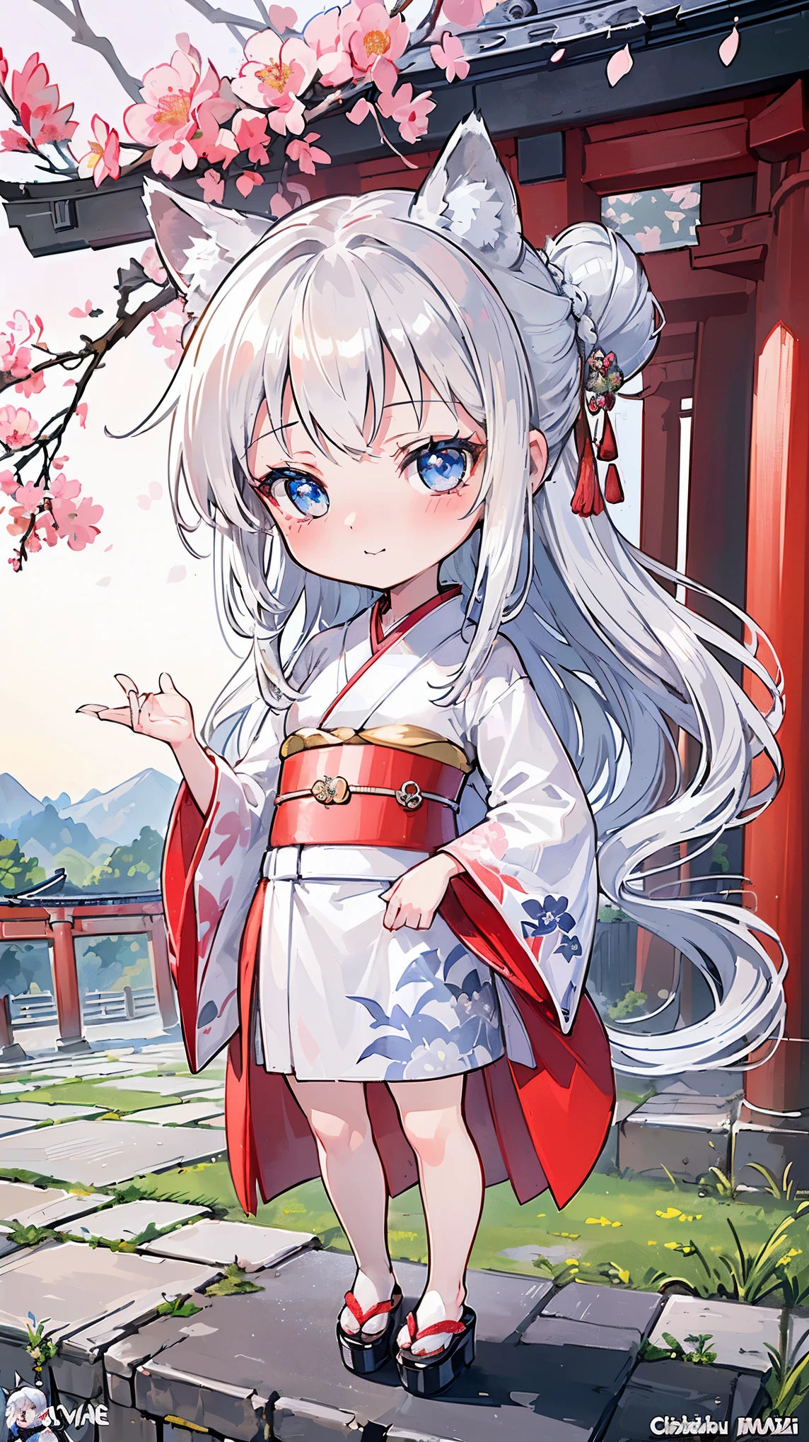 (((Masterpiece))), (((Highest quality))), ((Ultra-detailed)), ((Super fine illustration)), ((Ultra-fine painting)), (16K highest quality wallpaper:1.4), (Chibi:2.0), (Full body:1.6), HDR, (Highly detailed and delicate illustration style:1.8), Detailed skin texture, Detailed cloth texture, Extreme detailed description, (T-masterpiece), (Highly detailed face:1.2), (Highly detailed silver fox ears:1.2), (Highly detailed shiny silver half updo:1.2), (Highly detailed clear eyes:1.2), Original, RAW photo, Professional, Intricate details, Super details, Direct light:1.6, (Perfect anatomy:1.4), (Highly detailed hands:1.2), (Highly detailed fingers:1.2), (Highly detailed fingertips:1.2), (16-years-old), Real, (Solo:1.8), ((A very beautiful and cute silver fox girl who is an idol and wears a bright red long-sleeved kimono with a floral pattern:1.4)) BRAKE (Beautiful and adorable silver fox ears:1.8), (Highly detailed and delicate silver fox ears:1.4), (Beautiful and shiny silver half updo:1.6), (Highly detailed and delicate silver half updo:1.2), (Beautiful clear blue eyes that shine with great detail:1.6), (Highly detailed and delicate blue eyes:1.2), (Highly detailed face:1.4), (Smile:1.3), (Blush:1.4), (Looking at viewer:1.4), (Celebration:1.4) BRAKE (Bright red long-sleeved kimono with floral pattern:1.4), (Japanese traditional costume:1.2) BRAKE (Concept art:1.2), (Detailed fantasy art:1.2) BRAKE (Just after noon:1.4), (Very detailed and beautiful Ise Grand Shrine in Mie Prefecture just after noon in the background:1.6), (Standing in front of the torii gate:1.4), (Celebration:1.4), Ise Grand Shrine:1.4, Torii gate of Ise Shrine:1.4, Very beautiful in the sunny sky background just after noon:1.4 BRAKE 