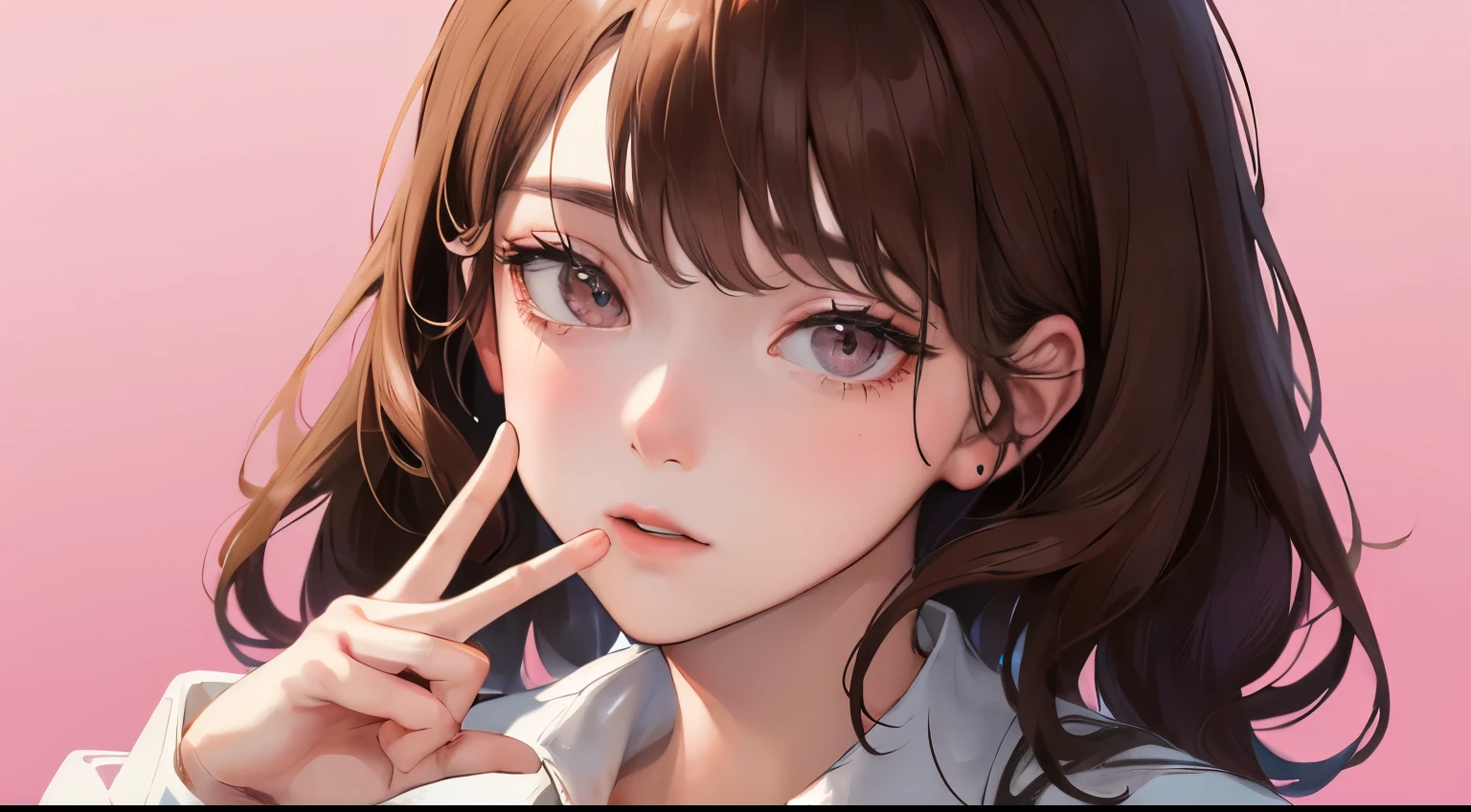 (((1 woman)))、(highest resolution、clear_image)、(((V sign in front of your face))), (((white shirt)))、best quality、((Perm hair)),、contrast of light and shadow、、pink solid color background、((illumination))、very detailed、Semi-realistic、brown hair、、Expressionless、bangs、20-year-old、office Lady,,young、((View from the front))、delicate facial features facial features、