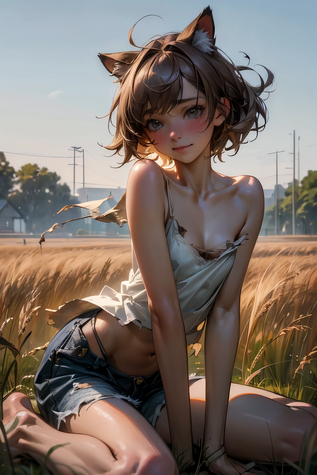 ((Masterpiece)), ((best quality)), (Professional Photography:1.2), (realistic:1.2), (mist effect:1.3), wide shot, cinematic lighting, very messy hair, (tattered and torn camisole, dirty white camisole), slightly exposed small breast, Slender body, small breasts, (playful pose:1.3), (smile and blush), barefoot, Textured skin, cat ears, pale brown hair, Cute Beautiful girl, (on the rye field), morning ray, (outdoor), field of rye with many fruits