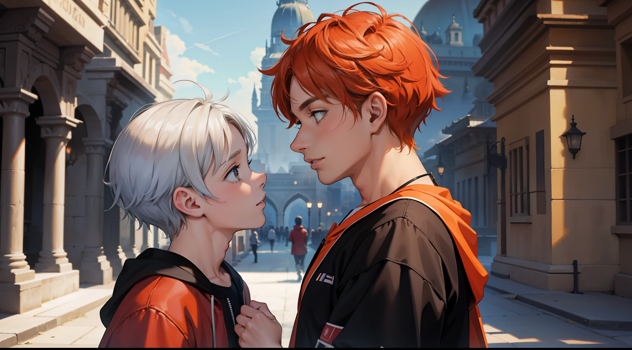 They are two children. son de la misma edad tienen la misma estatura , There are two handsome 8-year-old boys of the same height looking at each other. They have just met. One has orange hair and the other has silver hair. In the background there is a landscape of modern buildings but also palaces and pyramids.