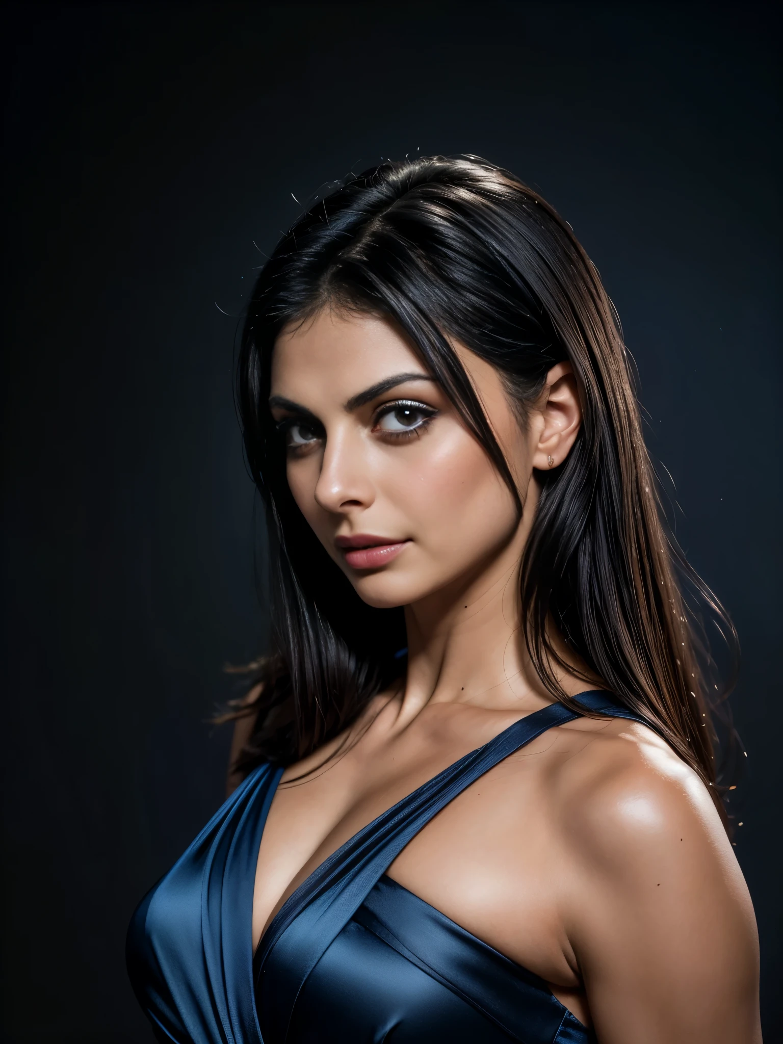 RAW photo of woman (Morena Baccarin),portrait, blue satin blouse, black hair, makeup, blue blouse, black background,(high detailed skin:1.2), 8k uhd, dslr, soft lighting, high quality, film grain, Fujifilm XT3,