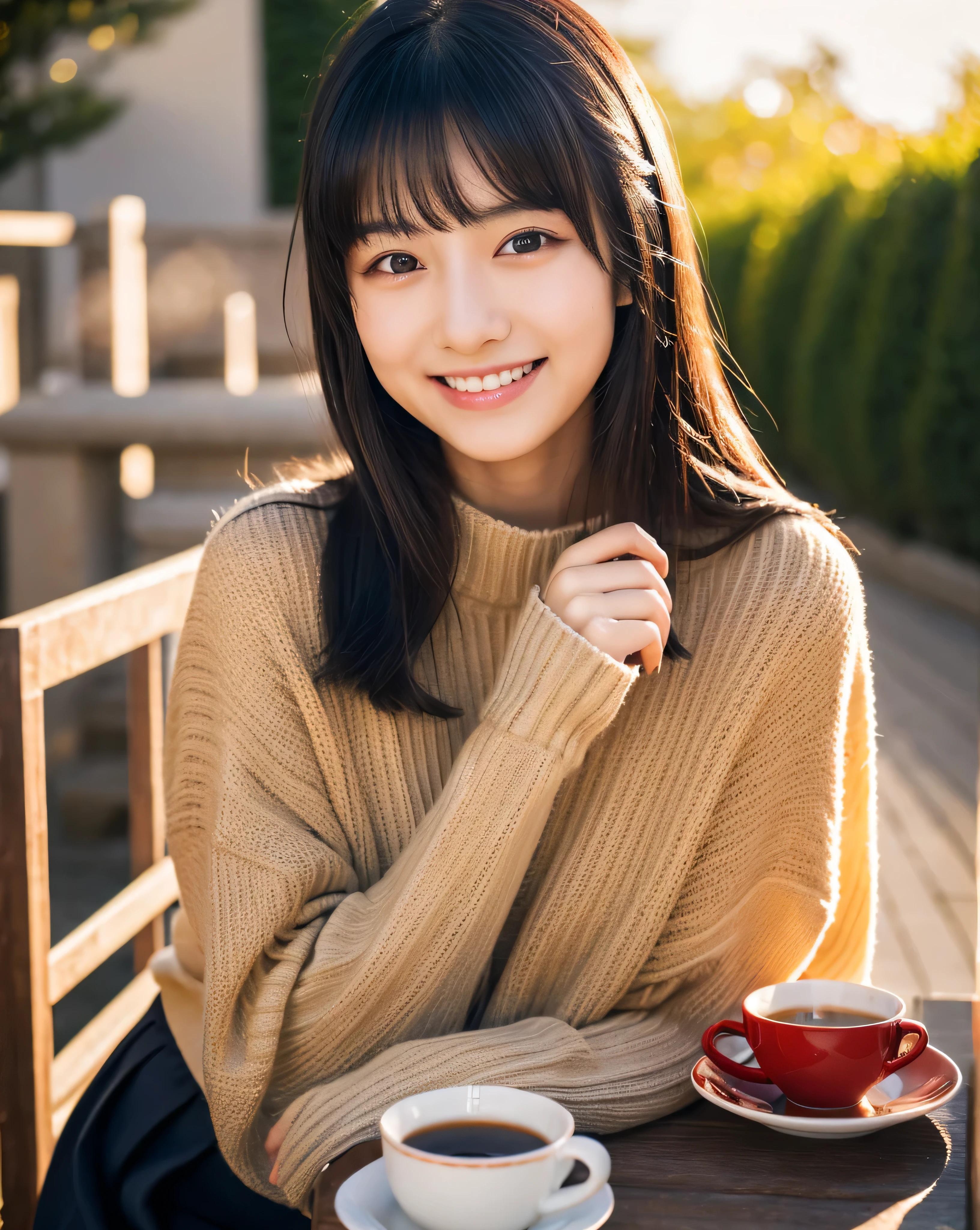 beautiful japanese girl, 19 years old, whole body, High resolution, 4K, glossy black hair, beautiful long straight hair, asymmetrical bangs, thin eyebrows, big magic eyes, detailed moisturized eyes, smooth and soft skin, bright makeup, modest smile, Black Tight Knit Sweater, red pleated skirt, High resolutionの美しい太もも, Cafe Terrace in Europe,sit down and hold a mug in both hands., steam from mug,The morning sun shines，Mysterious，professional lighting, professional photographer