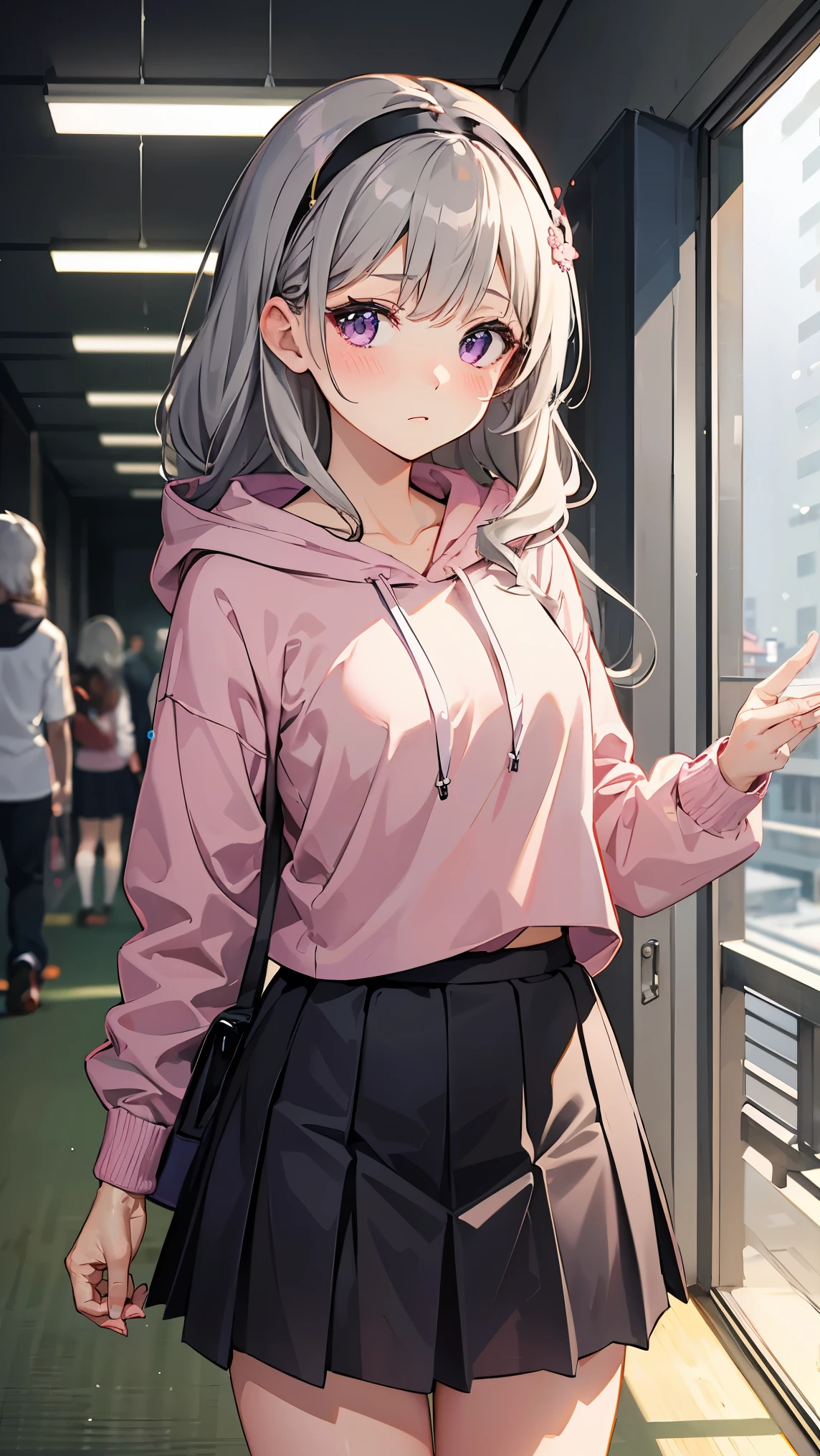 1girl, (shy:1.3), blush, wavy long hair, see through hair bangs, (grey hair:1.3), purple eyes, black hairband, small breast, cute, wallpaper, landscape, depth of field, morning, modern school lobby, light particles, light rays, sidelighting, modern japanese school uniform, (modern japanese school shirt), modern japanese school skirt, (pink hoodie:1.2, hood up:1.1)  