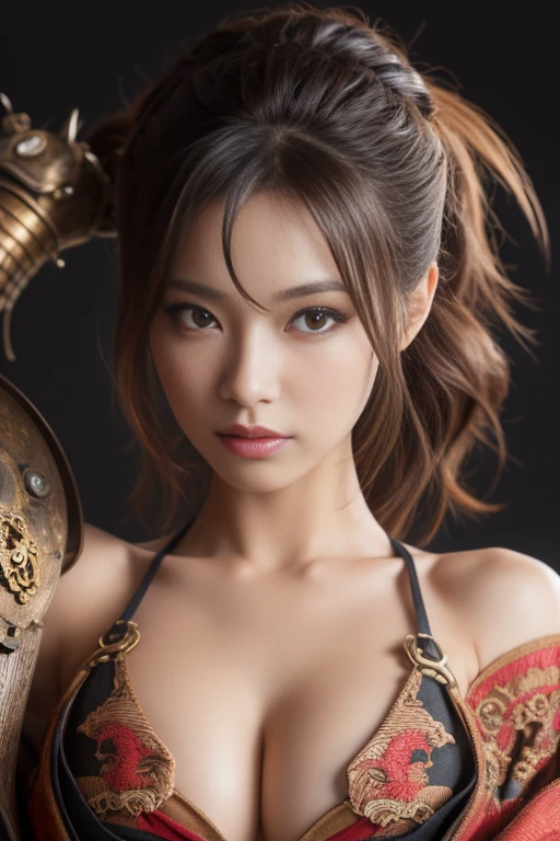 (masterpiece:1.2), ultra detailed, ultra high res, (realistic, photo realistic:1.37), high detail RAW color photo, professional photograph, an extremely delicate and beautiful, extremely detailed, 8k wallpaper, Amazing, finely detail, huge file size, extremely detailed beautiful girl, extremely detailed face, extremely detailed eyes, extremely detailed skin, extremely detailed fingers, extremely detailed nose, extremely detailed mouth, perfect anatomy, highly detailed background, (a famous actress of Japan:1.2), (gyaru:1.1), (flat chest:1.6), Dynamic lighting, (Steampunk:1.45), full body, (kimono with dragon embroidery:1.3), black background, bare shoulders, (dynamic pose:1.1), (armpit:1.2),