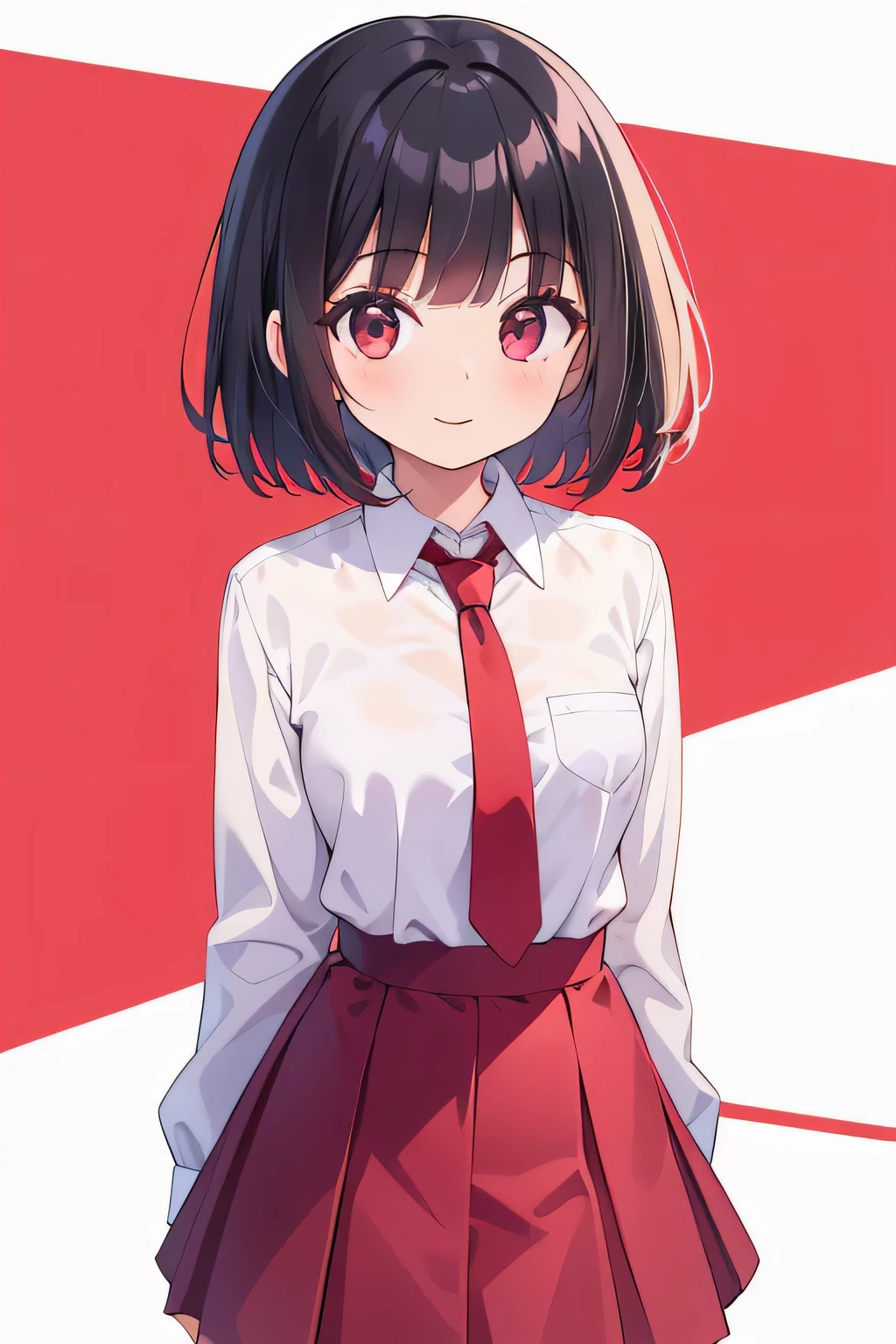 cutelittlegirl, chibi, black hair, wearing white shirt, wearing red skirt, wearing red long tie, smile, school area, best quality, 8k resolutions, blunt bangs, short hair