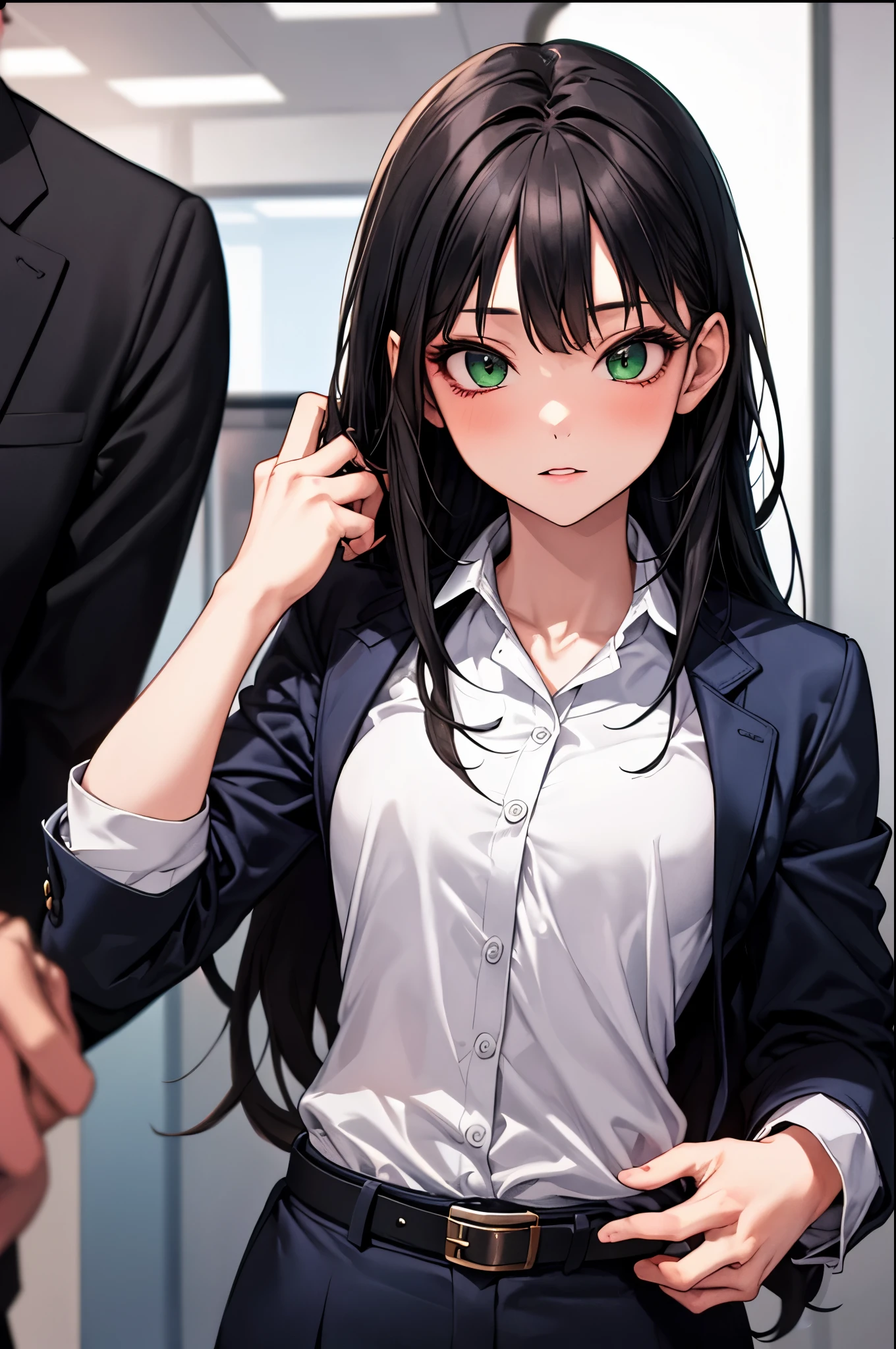 masterpiece, highest quality, 1 girl, green eyes、long black hair, blue blazer, Formal shirts, belt, inside the office