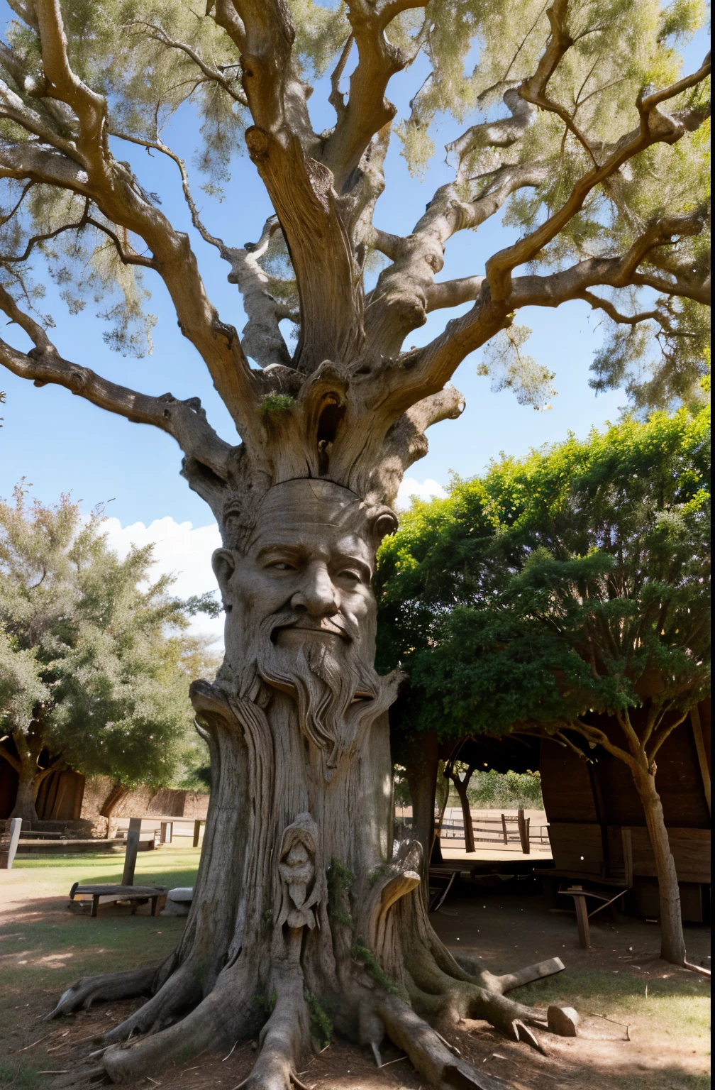 Photo realistic,  8k, perfect photo, there is an oak tree with an ancient face carved into it, a portrait inspired by Patrick Dougherty, pexels, naturalism, with a few scars on the tree, twisted trunk, person made of tree, treebeard, an old twisted tree, the trees are angry, willow tree, trees with faces, carved into the side of a tree