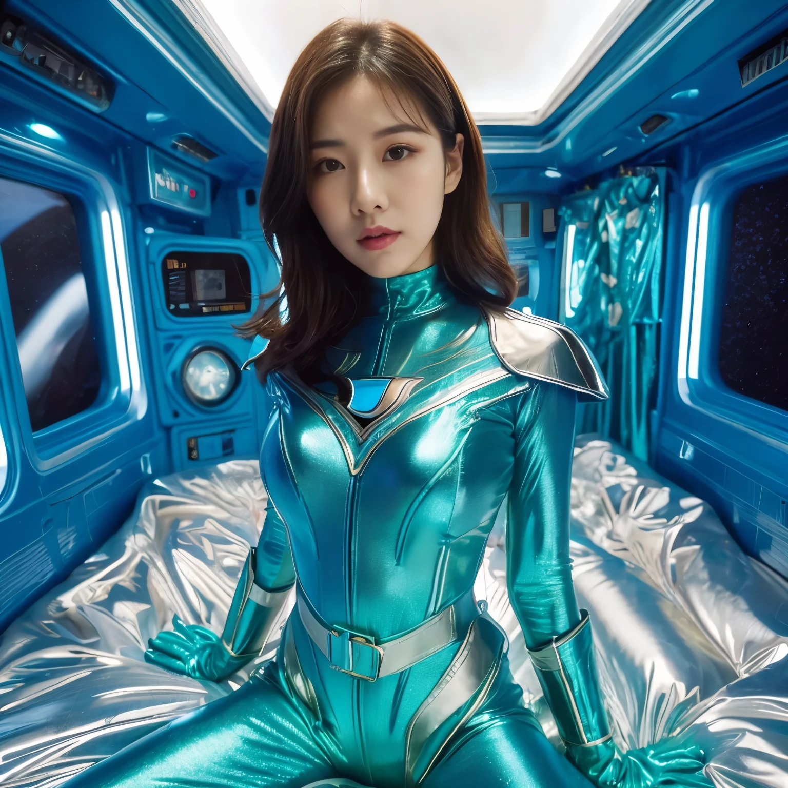 best image quality、Super high resolution、(realism:1.4)、Korean beauty star、The most beautiful KPOP star、face、Horny Korean makeup、erotic expression、A body that makes you want to touch it、Erotic photos、Realistic satin fabric texture、Costume made of stretch satin fabric that is smooth to the touch、The drape of the curved part of the satin fabric、Strong luster of costume、costume quality、8K photo quality、Costume made of high-quality satin fabric with high density、Super-class battle leather cloak with a smooth texture、Super Sentai Women's Heroine Suit、Super-class battleship shiny costumes、Texture of costumes that satin fetishists respond to、Thin, glossy stretch satin fabric、