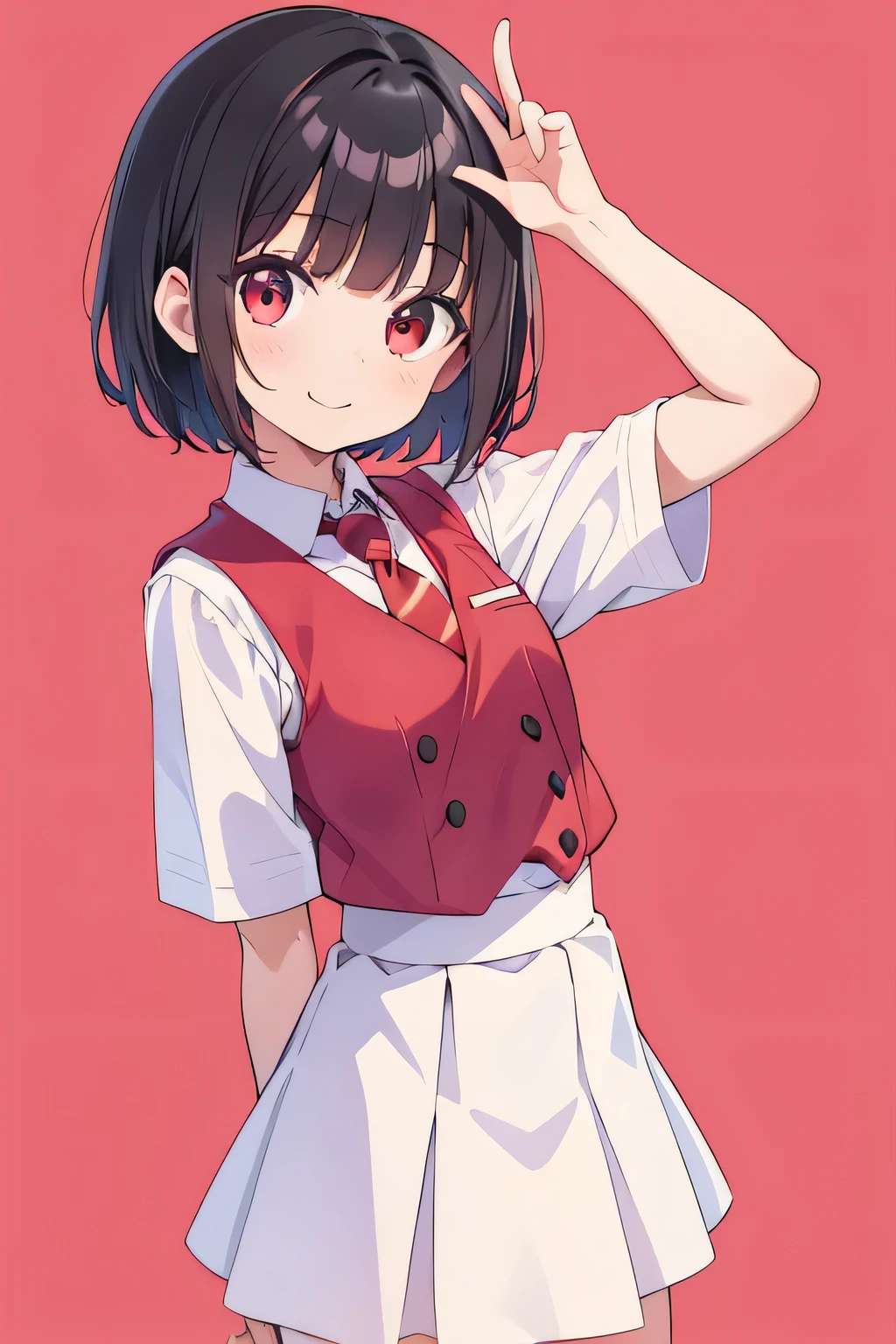 cutelittlegirl, chibi, black hair, wearing white shirt, wearing red skirt, wearing red long tie, smile, school area, best quality, 8k resolutions, blunt bangs, short hair, wearing red vest