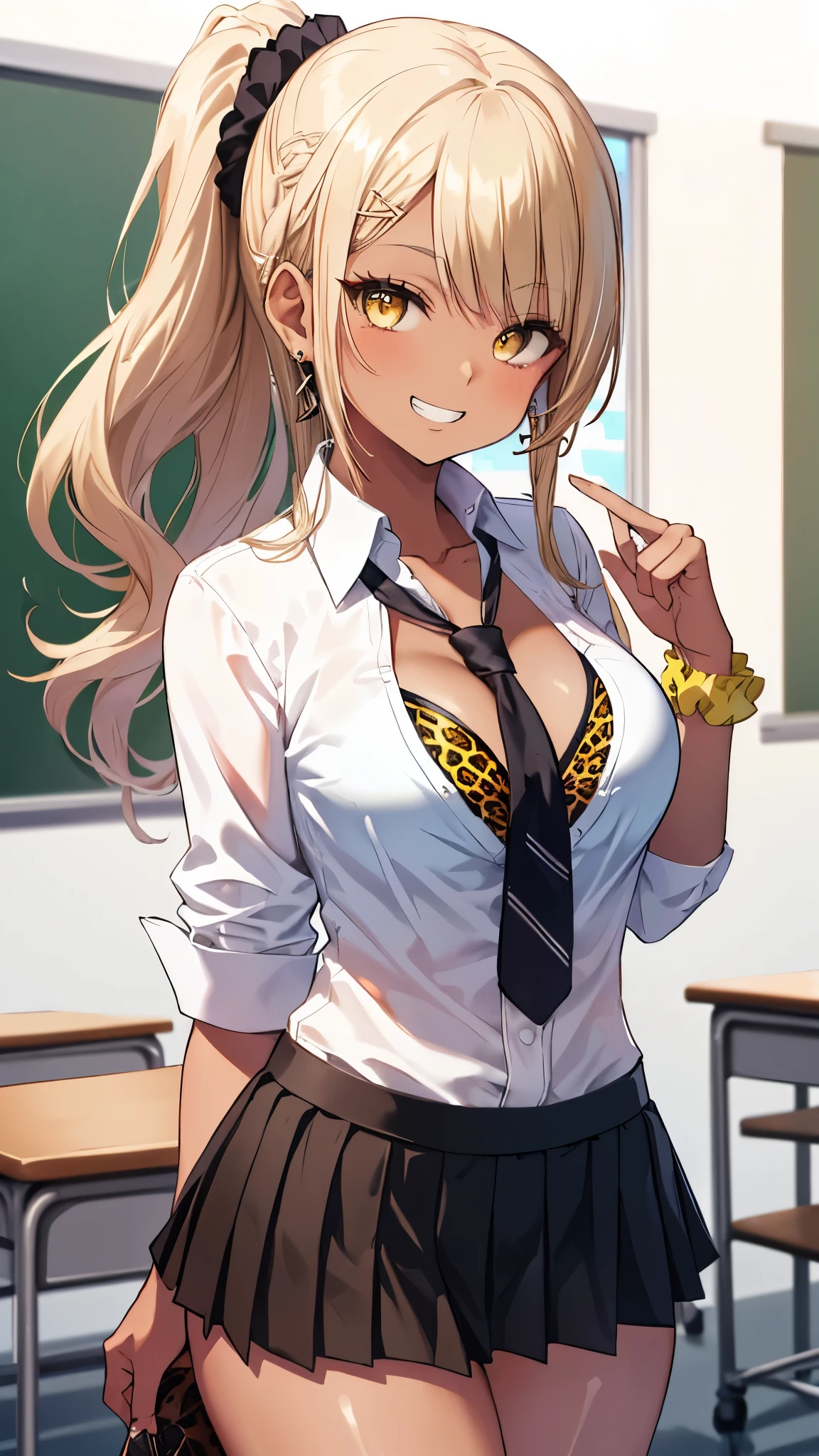 (8K、best image quality、highest quality、masterpiece)、detailed face、1 girl、gyaru、((brown skin:1.3))、blonde、long hair、scrunchie、yellow eyes、earrings、evil smile、((grin))、big breasts、((white collared shirt))、((open clothes))、leopard print bikini、((black pleated skirt、((miniskirt))、cowboy、classroom background