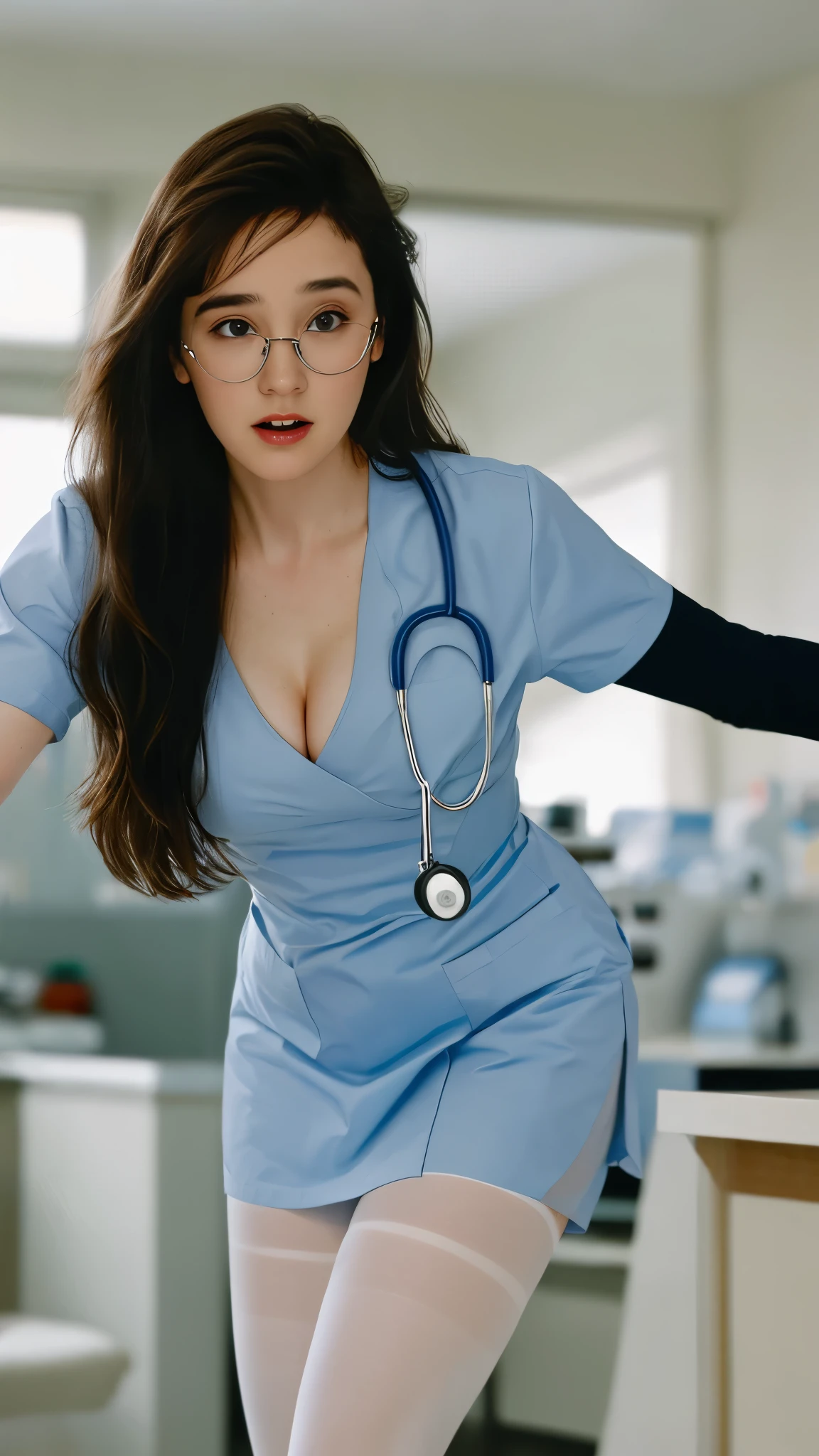 Jennifer Connelly, , (long hair: 1.3), straight bangs, glasses, light blue eyes, nurse uniform, (white tights), small cleavage, focus on movement