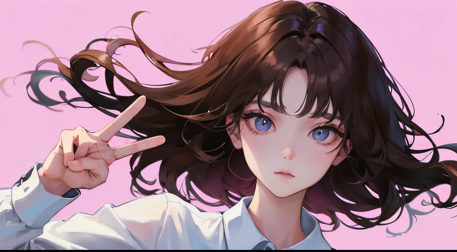 (((1 woman)))、(highest resolution、clear_image)、(((V sign in front of me))), (((white shirt)))、best quality、((Perm hair)),、contrast of light and shadow、、pink solid color background、((illumination))、very detailed、Semi-realistic、brown hair、、Expressionless、bangs、20-year-old、office Lady,,young、((View from the front))、delicate facial features facial features、