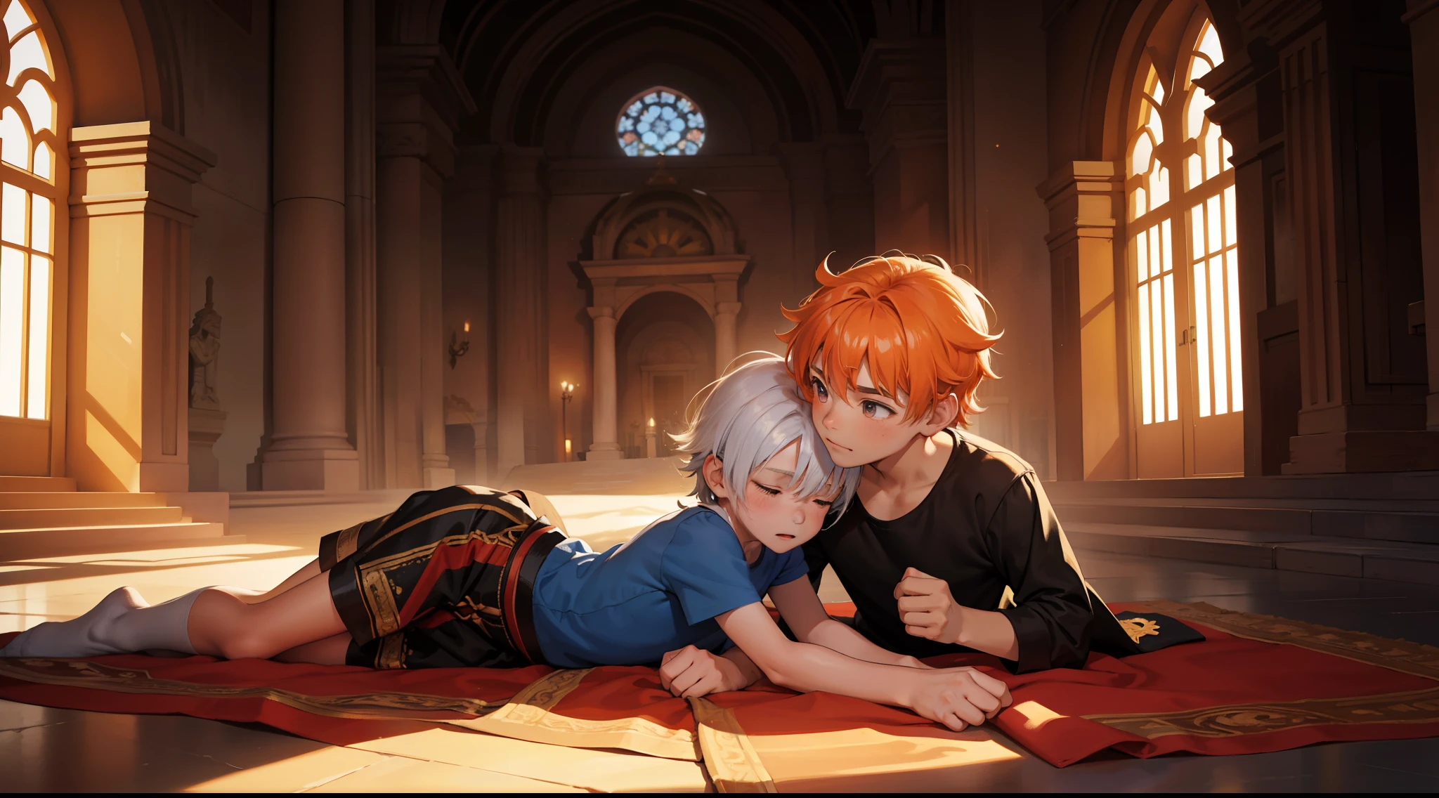 There are two little children, 8 years old, they are two children.. son de la misma edad tienen la misma estatura , There are two handsome 8-year-old boys of the same height looking at each other. They have just met. One has orange hair and the other has silver hair. In the background there is a landscape of modern buildings but also palaces and pyramids., one of the children falls asleep lying on the other's shoulder