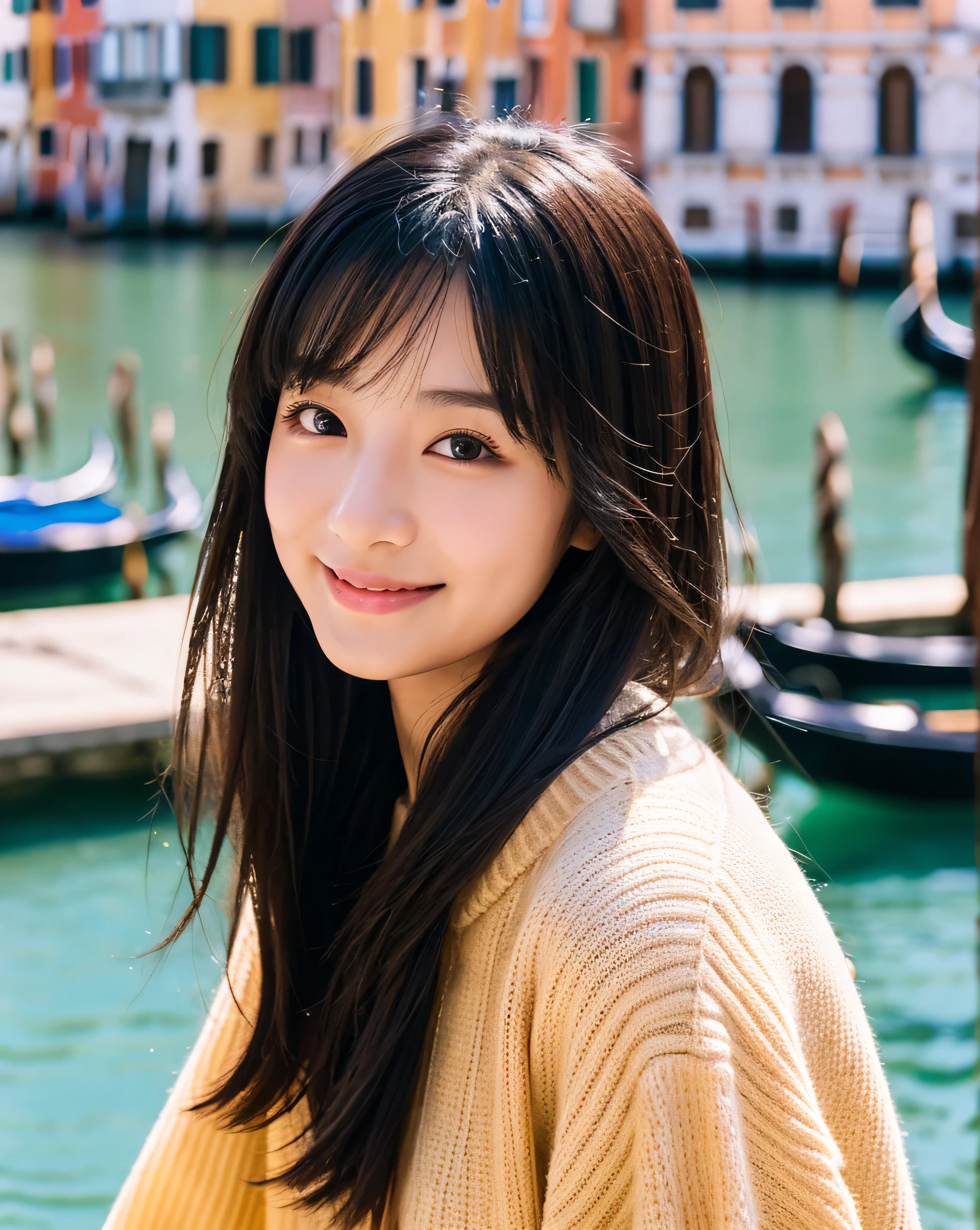 beautiful japanese girl, 19 years old, whole body, High resolution, 4K, Rooftops of Venice,glossy black hair, beautiful long straight hair, asymmetrical bangs, thin eyebrows, big magic eyes, detailed moisturized eyes, smooth and soft skin, bright makeup, modest smile, Black Tight Knit Sweater, High resolutionの美しい太もも, Cafe Terrace in Europe,please sit down, steam coming out of a mug,The morning sun shines,Mysterious,professional lighting, professional photographer