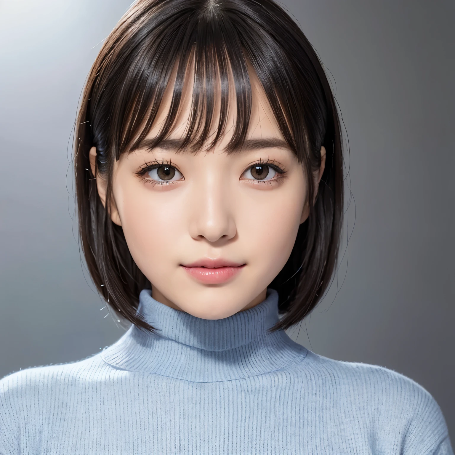 highest quality, realistic, 8K, High resolution, 1 girl, woman, (skin dents), (professional lighting), (portrait:0.6), (blue turtleneck sweater), nice, (short black hair:1), (look at the camera), ((looking at the viewer:1.5)), (look at the camera), realistic, (Bokeh), (I wore:0.6), nice, (dynamic pose:1.2), Intense lighting to the facial area, lips, (closed mouth:1.3), smile,、Beautiful skin with ultra-high definition gloss and moisture、Ultra high definition beautiful face、Super high-definition sparkling eyes、ultra high definition hair、accurate anatomy