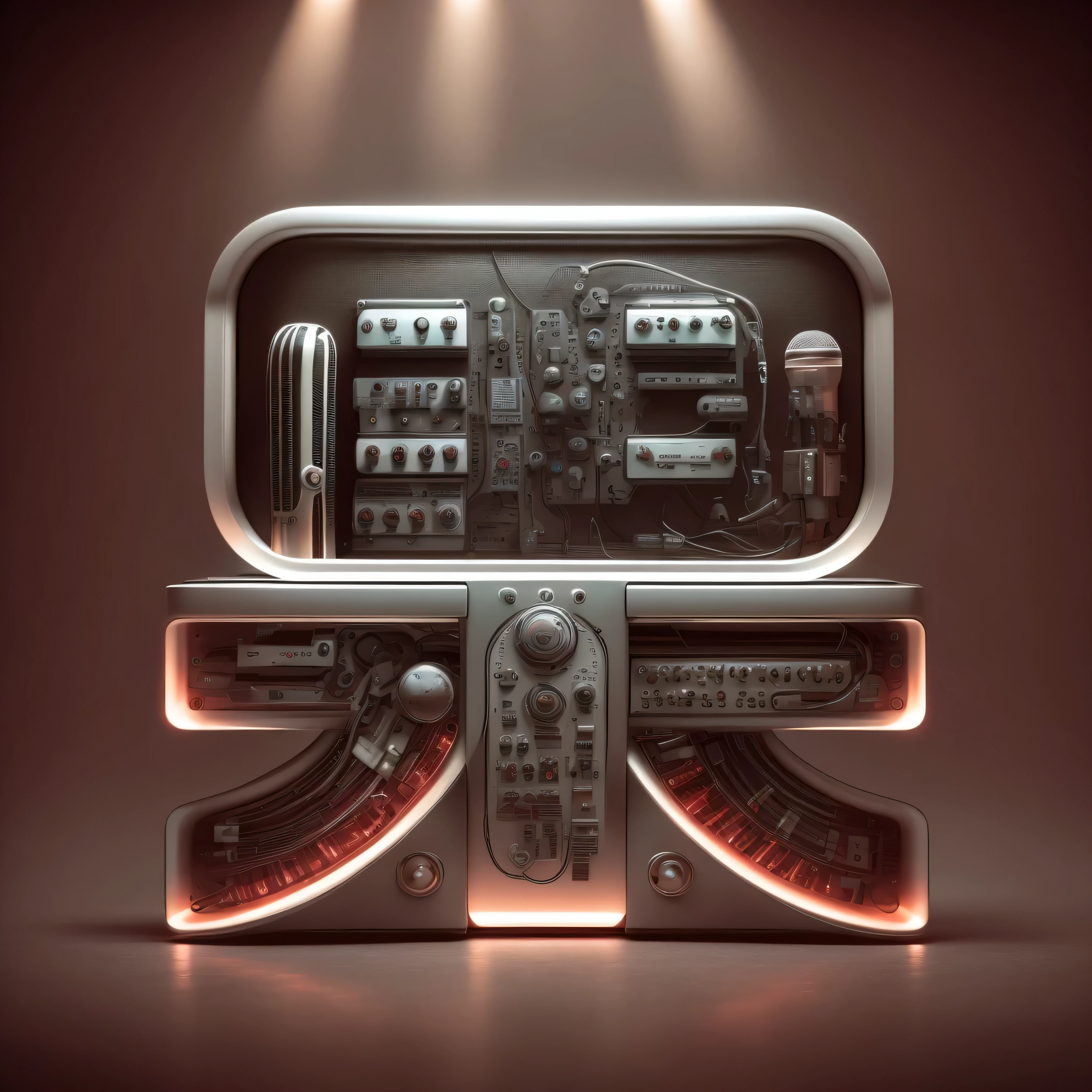 masterpiece，best quality，super detailed，Small stage，band，microphone，electric guitar，mixer，vocal，keyboard，dark gothic pattern，earphone，Indoor light，vacuum tube