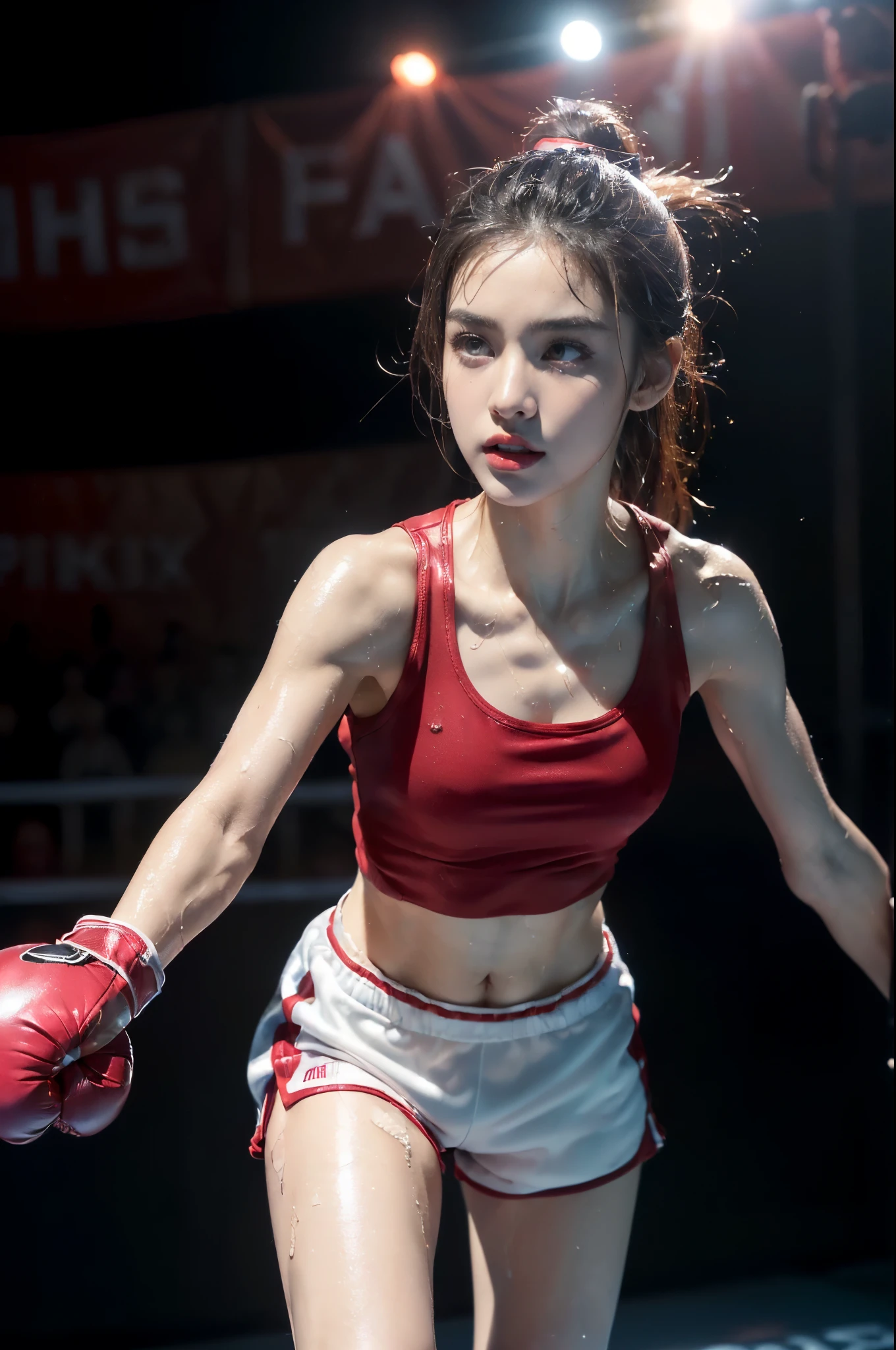 ((((8k))),((Extremely meticulous CG)) ,(wallpaper),16k,((Extremely refined and beautiful)),(((Masterpiece))),(((best qualtiy))),(((Ultra High Resolution))),beautiful light up,Perfect lightning,realistic shaded,(Smooth and flawless fair skin:1.5),(pale skin:1.3),Extremely exquisite facial details,(perfect body:1.1),ultra-detailed,A beautiful girl,solo,(small head:1.2),(short ponytail:1.1),(detailed eyes:1.2),(small face:1.1),(Exquisite makeup:1.2),(shiny skin:1.5),(sweat:1.5),(wet:1.5),(small breasts:1.1),(flat chests:1.2),(strong:1.3),(Sharp edged muscles:1.3),(serious:1.3),(angry:1.3),(Red sports tank top:1.5),(boxing gloves:1.5),(Red sports shorts:1.5),(sneakers:1.2),(night scene:1.5),indoor,(In a spacious sports stadium:1.5),(On the boxing ring:1.5),(detailed background:1.5),(standing:1.2),(Combat posture:1.3),(ready to fight:1.2),(full body:1.3),(from front:1.3),(bright light:1.3),(The stands are full filled with crowded crowds:1.5),(extremely lively atmosphere:1.3)
