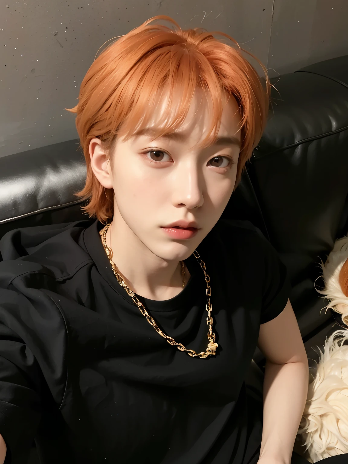 there is a young redhead sitting on a sofa, cai xukun, Jinyoung Shin, hyung tae, kim doyoung, hong junio hyung, TaeJune Kim, diez lee, pintar ulzzang, Jung Jaehyun, jaeyeon nam, shin jeongho, todos del grupo nct, Daoshi, brillante por la lluvia, sol yunjoo