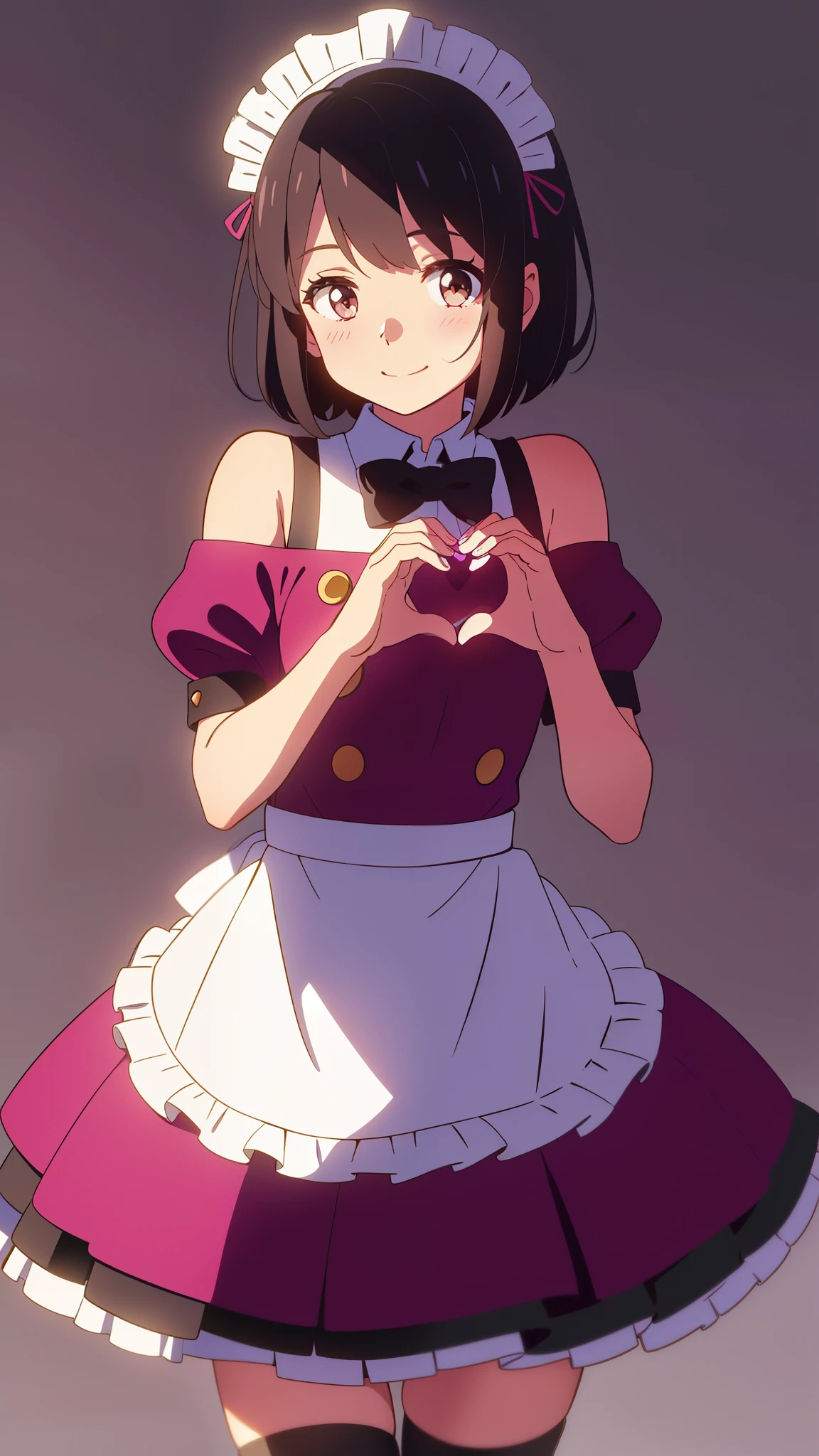 shinkai makoto, kimi no na wa., 1girl, bangs, black hair, blush, brown eyes, shiny skin, smile, cute, short hair, looking at the viewer, pink apron, bow, pink dress, frills, hair ornament, heart, love, heart hands, perfect hands, perfect fingers, maid, maid apron, maid headdress, Off-the-shoulders, short dress, solo, thighhighs, white thighhighs, valentine background, romantic atmosphere