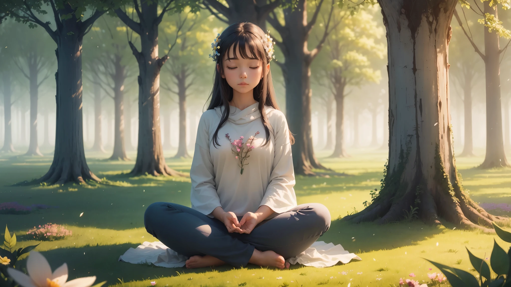 This is an image of a cute girl meditating while facing this way., Surrounded by nature, Like a quiet grove of trees or a field full of colorful flowers.. This image will convey a feeling of tranquility, Spiritual connection with nature and atmosphere of peace,Charming face