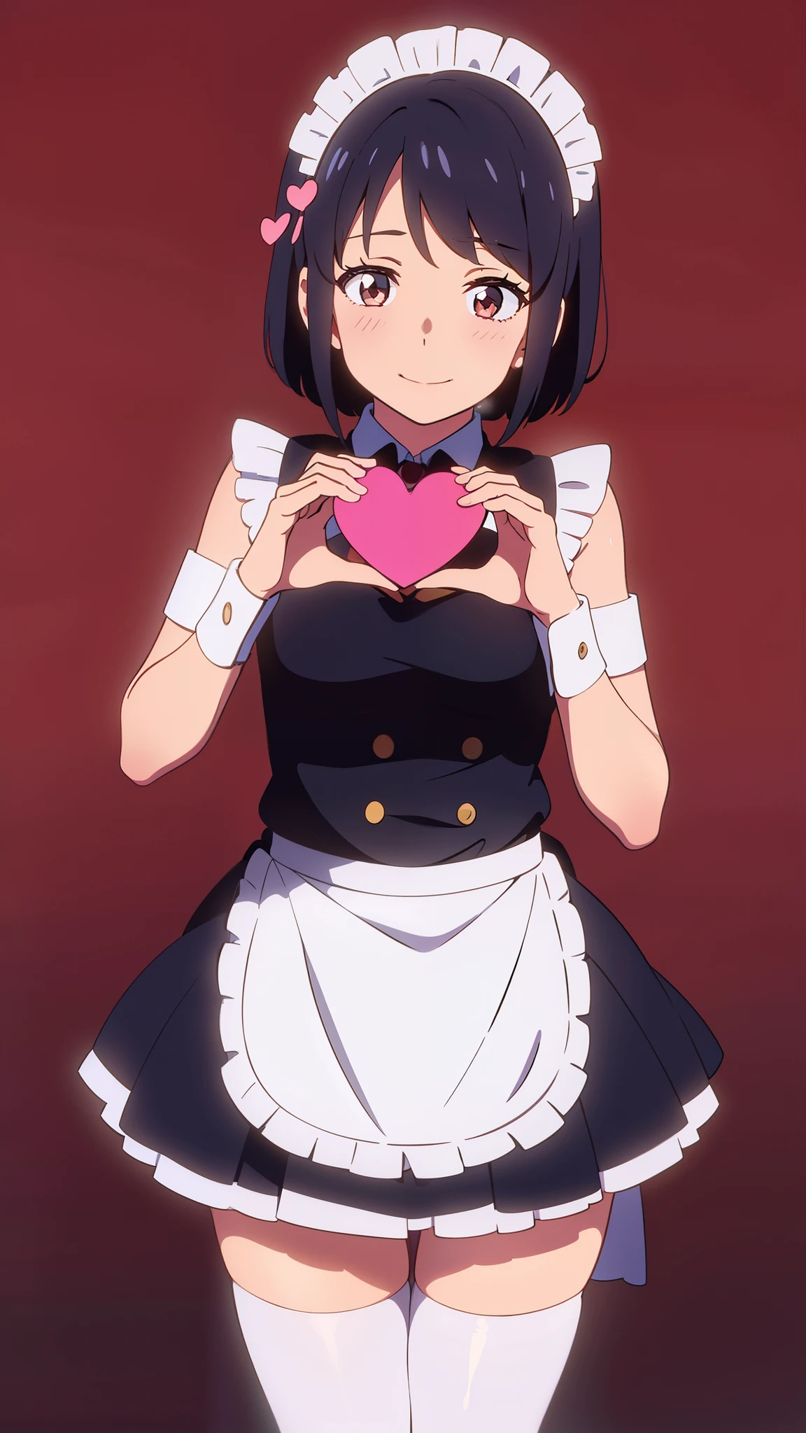 shinkai makoto, kimi no na wa., 1girl, bangs, black hair, blush, brown eyes, shiny skin, cute, smile, short hair, looking at the viewer, maid, maid apron, maid headdress, apron, bow, dress, short dress, frills, hair ornament, heart, heart hands, perfect hands, perfect fingers, Off-the-shoulders, solo, thighhighs, valentine background