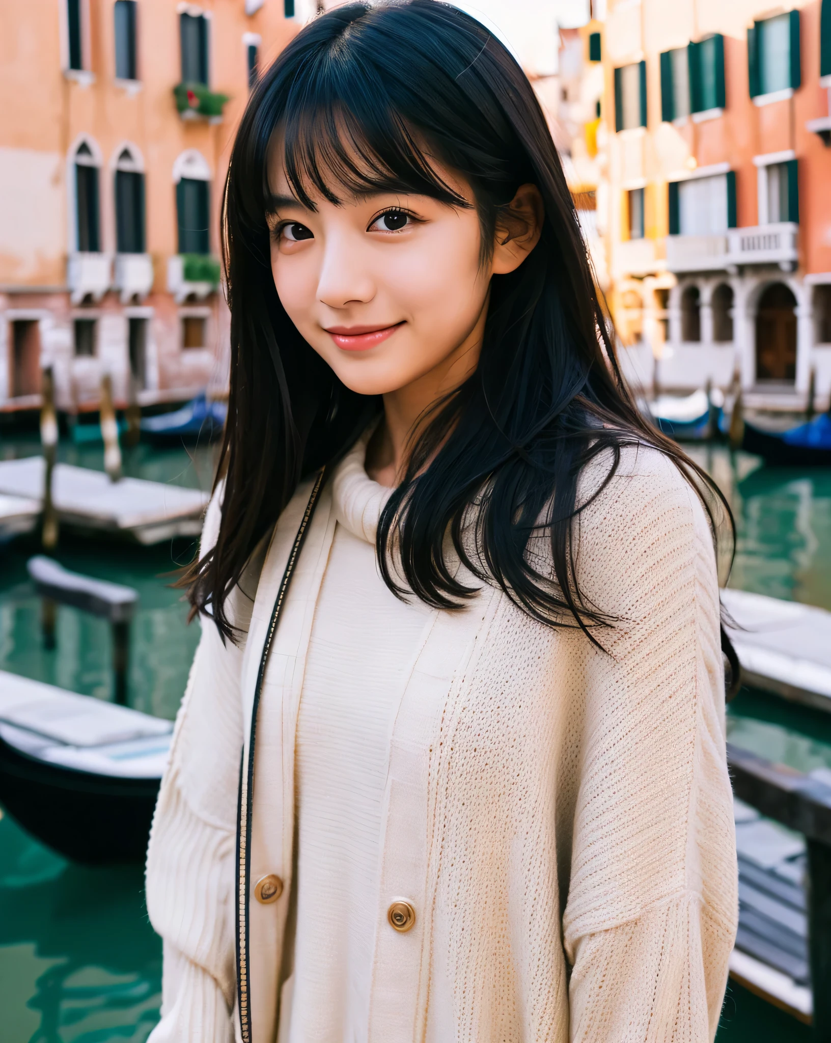 beautiful japanese girl, 19 years old, whole body, High resolution, 4K, Rooftops of Venice,glossy black hair, beautiful long straight hair, asymmetrical bangs, thin eyebrows, big magic eyes, detailed moisturized eyes, smooth and soft skin, bright makeup, modest smile, Black Tight Knit Sweater, High resolutionの美しい太もも, Cafe Terrace in Europe,please sit down, steam coming out of a mug,The morning sun shines,Mysterious,professional lighting, professional photographer