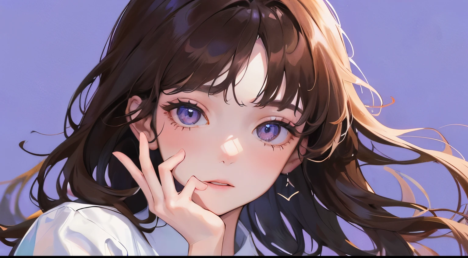 (((1 woman)))、(highest resolution、clear_image)、(((V sign in front of me))), (((white shirt)))、accurate hand drawing、best quality、((Perm hair)),、contrast of light and shadow、、pink solid color background、((illumination))、very detailed、Semi-realistic、brown hair、、Expressionless、bangs、20-year-old、office Lady,,young、((View from the front))、delicate facial features facial features、