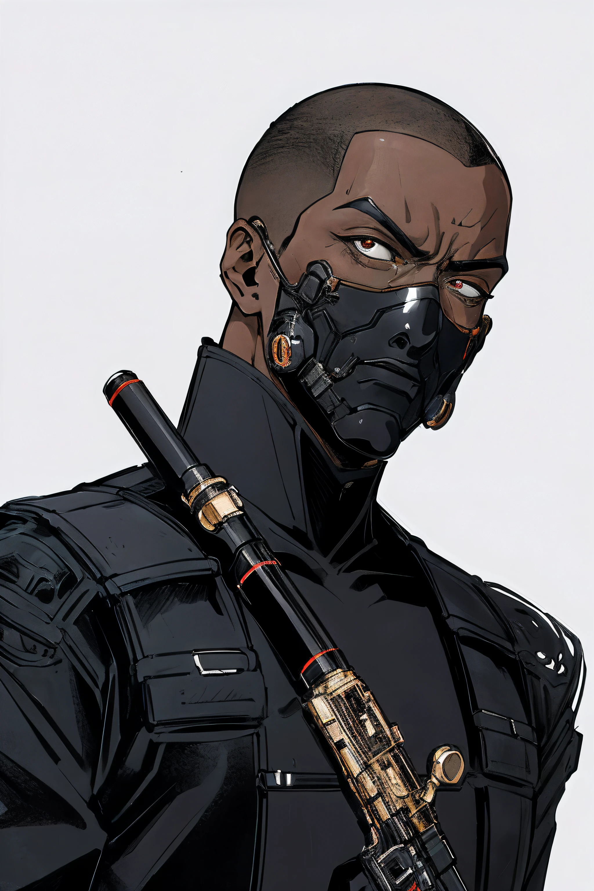 obra de arte:1.2, melhor qualidade, absurdos, escurecer, fundo escuro, action photo, corajoso, assassino futurista, Science fiction, segurando uma arma precisa, centrado, no estilo de Kentaro Miura, (1 homem), Masculino, homem negro, missing pieces of his face, (rosto desfigurado), shaved head, vestindo equipamento preto de assassino, serious expression, quadrinho, Intricado, surreal, severe facial disfigurement,
