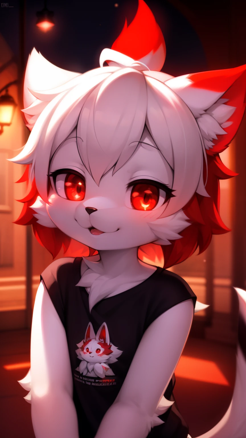 furry, white fur, ultra cute face, red elements on fur, glowing t-shrt, beautiful lights and shadows, ambient light, ultra detailed fur, volumetric light