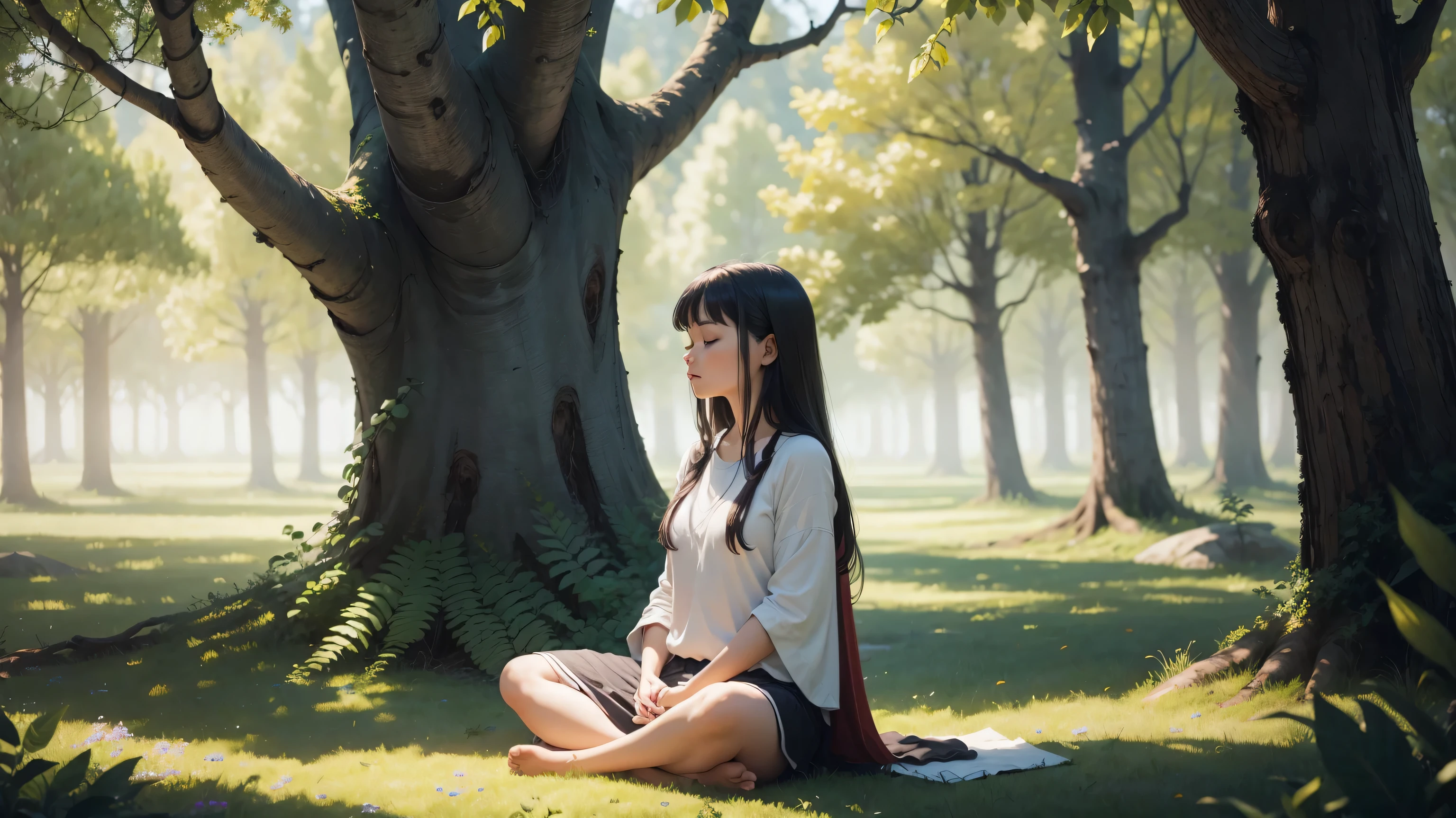 image of a girl meditating, Surrounded by nature, Like a quiet grove or a field full of colorful flowers... This image conveys a sense of calm., Spiritual connection with nature and peaceful atmosphere, This is in harmony with the purpose of prayer.