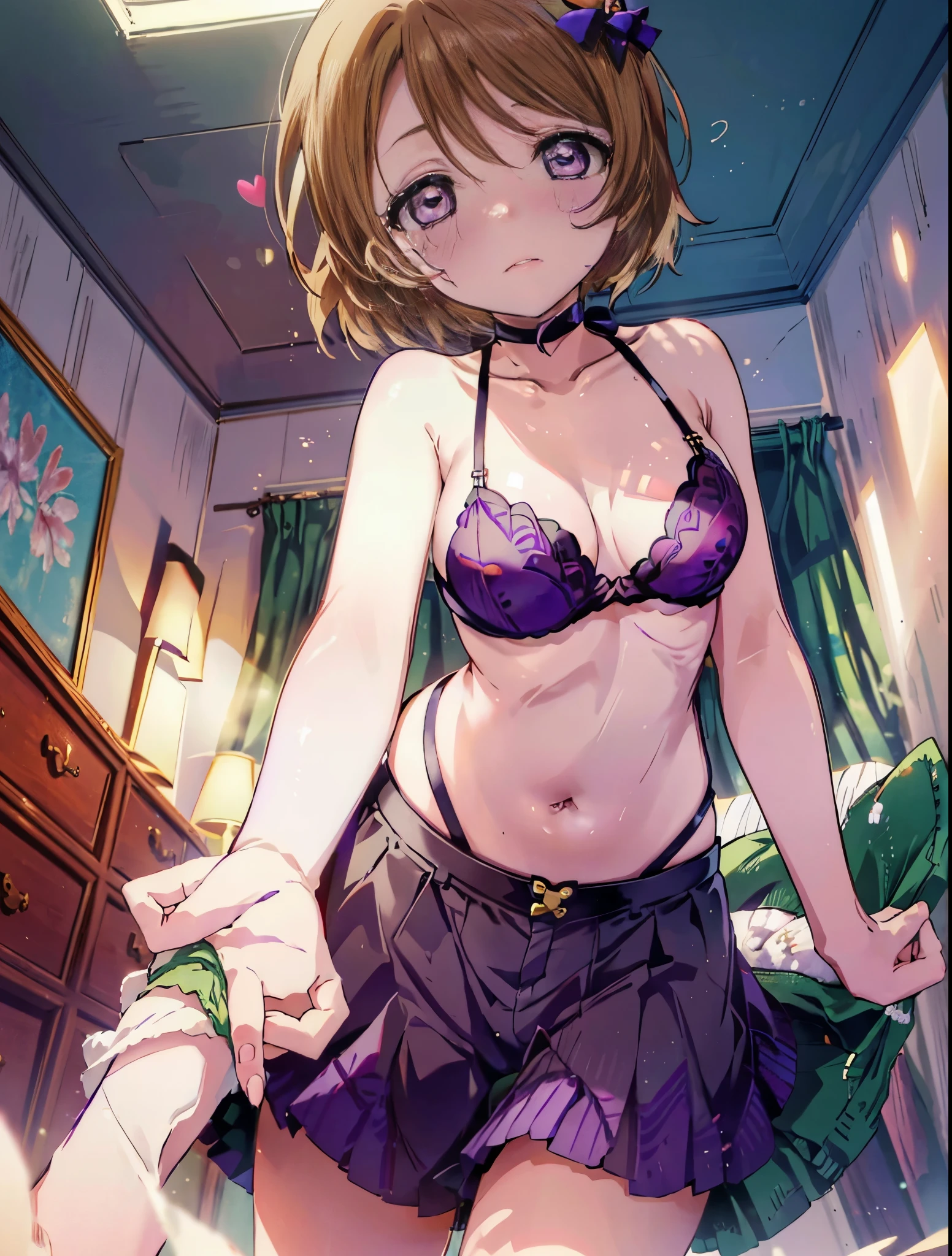  Hanayo Koizumi,Hanayo Koizumi　lovelive,short hair, brown hair, (purple eyes:1.5) (big breasts:1.2),looking at the viewer, heart-shaped eyes, simultaneous,  blush，show viewer, from below, concentrated, Beyond the particles of light, love hotel bedroom, Green Bra，Green garter belt，green string underwear，Green tights，crawl on all fours,
breaking looking at viewer,
destroy indoors, Destroy indoors (masterpiece:1.2), highest quality, High resolution, unity 8k wallpaper, (figure:0.8), (beautiful and fine eyes:1.6), highly detailed face, perfect lighting, Very detailed CG, (perfect hands, perfect anatomy),