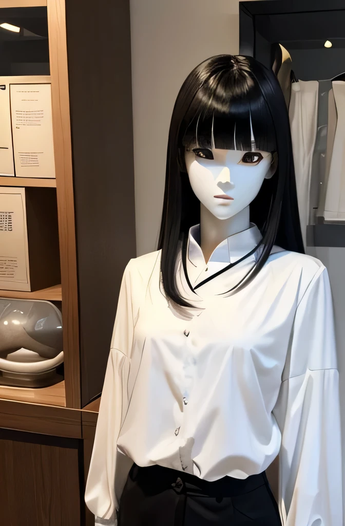 One full body mannequin is eating one white sausage,That mannequin is Aya Yamamoto.,That mannequin is 40 years old.,mannequin color'my face is white.,mannequin color'The body is pure white.,That mannequin has a thin and small face..,The mannequin has black hair(very flat straight hair,bangs),mannequin color'eyes are black.