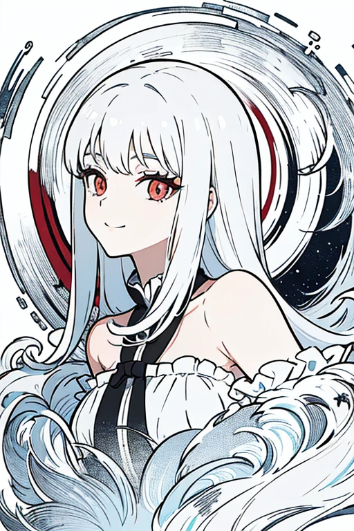 anime,animation,best quality, ultra high res, higly detailed, 4k,masterpiece, best quality, official art, highly detailed, illustration, 1 girl, white hair, long hair, detailed eyes,red eyes,bare,enlightenment style clothes,pure, soft,15year,korean,korea, glamour,sexy,open shoulder,smile,exquisite delicate eyes