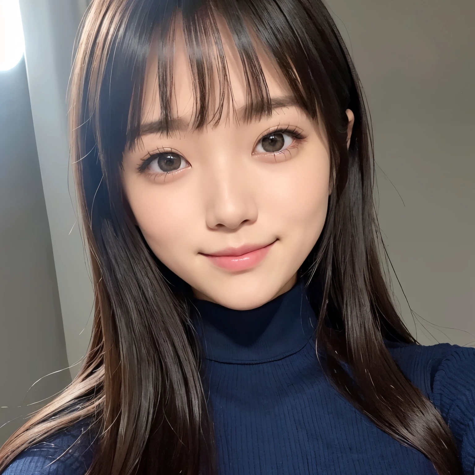 (highest quality、table top、8K、best image quality、Ultra high definition、Award-winning work)、1 girl、 (Vivid high chroma blue turtleneck sweater)、The perfect turtleneck sweater、私を見つめるsmile、blurred background、(close up of face:1.2)、明るく照らされたUltra high definitionの顔、(closed mouth:1.1)、smile、Ultra high definitionの艶と潤いのある美肌、Ultra high definitionの美しい顔、Ultra high definitionの煌めく瞳、Ultra high definitionの髪の毛、accurate anatomy