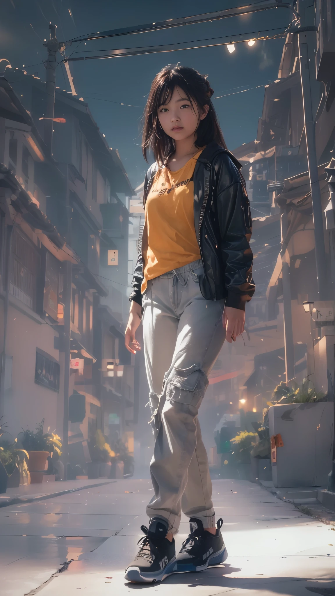 Best quality at best, Top image quality, wallpaper 16k, Raw image, realistic texture masterpiece: 1.9, (((medium long shot))), blur background, image must taken from medium long shot, hyper realistic:5.5, realistic all object texture, (relax pose), relax hand, black gradient white hair, realistic beautiful chinese female, epic dramatic cinematic, Ultra-realistic light, soft lighting, (( perfect female hair masterpiece)), medium long or shorts hair with light black hair, 18-year-old face woman, eye detail masterpiece, pores1.5, realistic skin masterpiece, realistic shadow, slender legs, very slender female physique, yellow jumper hoodie, oversize hoodie, realistic solid cotton wearing masterpiece, realistic solid shoe, 1Girl, tall girl, background 8.5, brunette black hair, Chinese woman, Live the life of Riley, ((long solid cotton trousers)), clear sky:1.3, cyberpunk backpack, sneaker shoe, strong reflection, lighting from side, dramatic side lighting, Background blur, mystical dark japanese steampunk city neon glow light portal: 1.2, light ray realistic masterpiece, warm sun light, warm ray light: 1.2, glow light: 1.2, random light color for the best combination, cinematic grains:1.4, tmasterpiece, masterpiece, ((masterpiece)), (falling glow particle), (taken from below-up perspective shot), image taken from fujifilm xt-3 with Fujinon 50mm lens, appeture f2, shot from below perspective, octan render hyper-realistic power max, Pulitzer Prize for Best Photography, Taylor Wessing Award for Best Photography, Blur the background with a sickle. White smoke foreground and background. Realistic asian female body. Using Photography techniques: Rule of Thirds, Centered Composition and Symmetry, Foreground Interest and Depth, (Frame with the frame), (rule of space), (shot from below), anime tone color, vivid color, vivid glow color masterpiece, reflection:1.5, ultra detail cotton trousers, realistic hoodie, super detail of cotton wearing, oval head face, (( strong contrast))